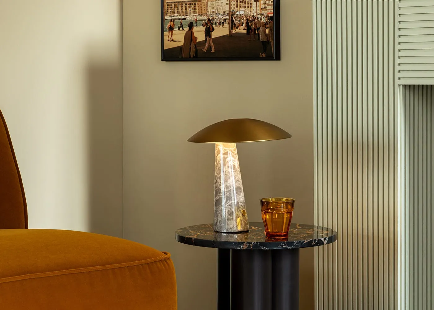 Heal's Abri LED Portable Table Lamp Brass & Grey Marble 3