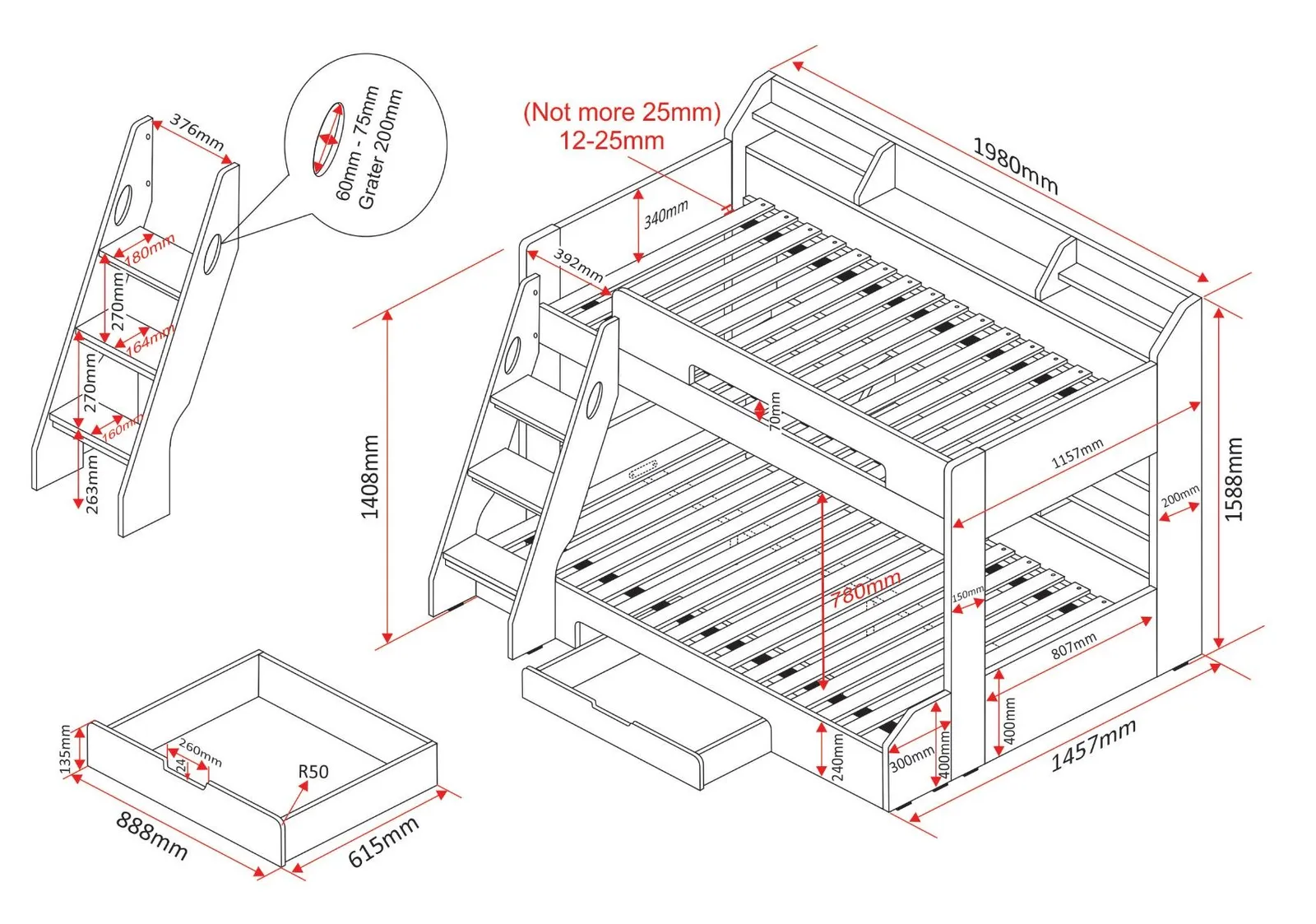 Flair Flick Triple Bunk Bed with Storage in White 5