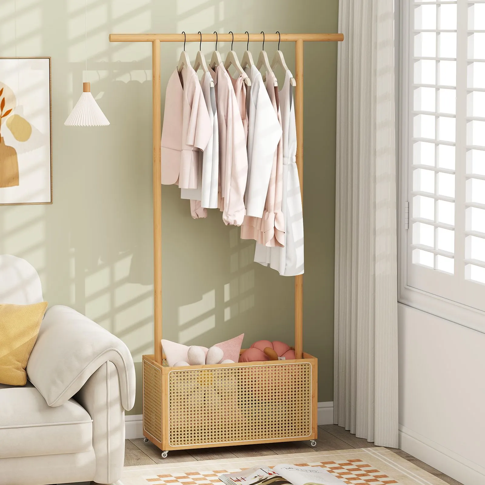 Costway Bamboo Clothes Rack Coat Hanger Stand with Rattan Storage Basket in Natural 4