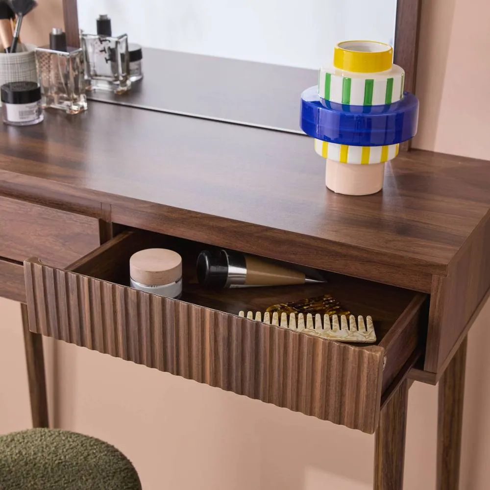 sweeek Dressing table with wooden decor & rounded mirror, 2 drawers in Dark Brown 5