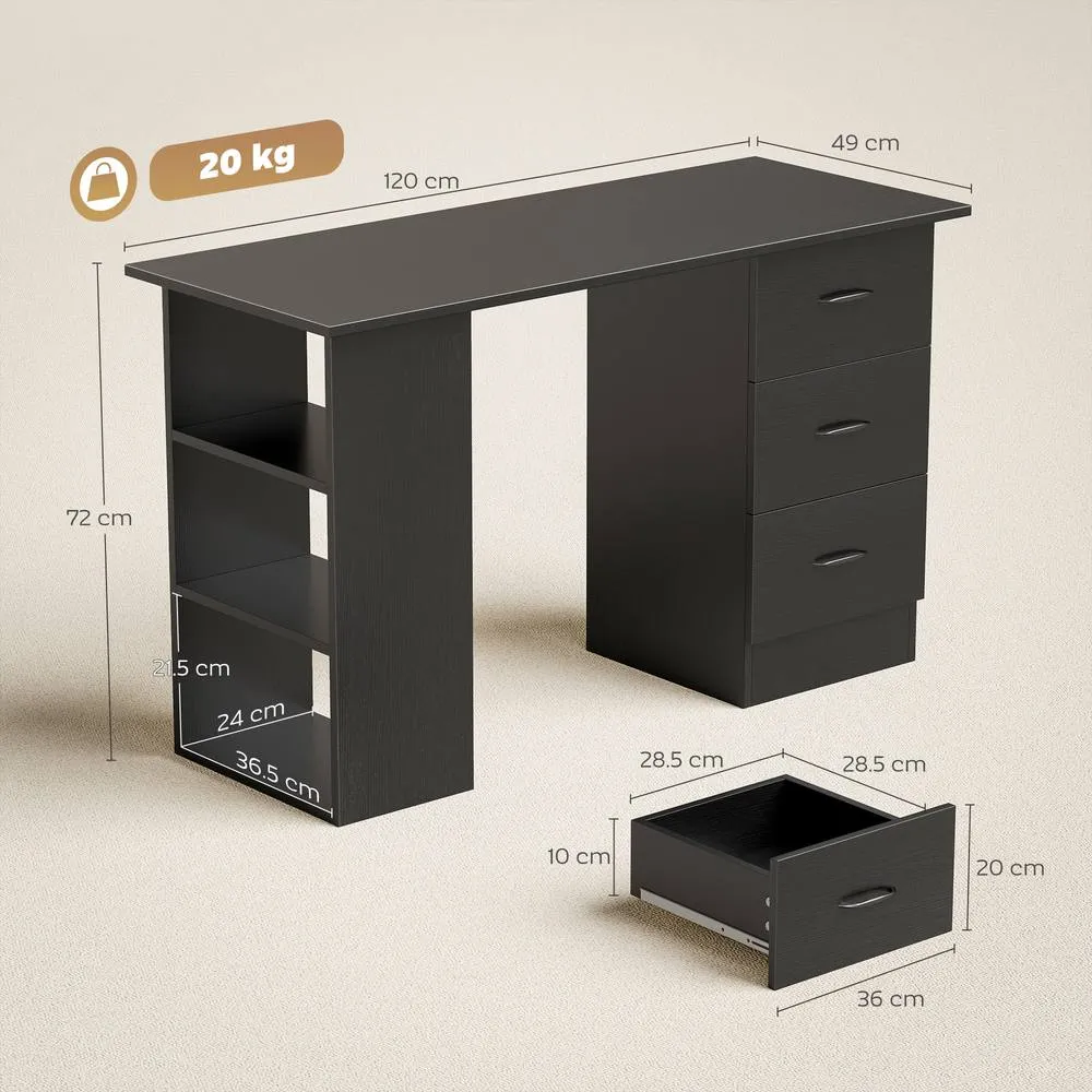 HOMCOM 120cm PC Table Workstation Computer Desk w/ Drawers, 3 Shelves Black 3