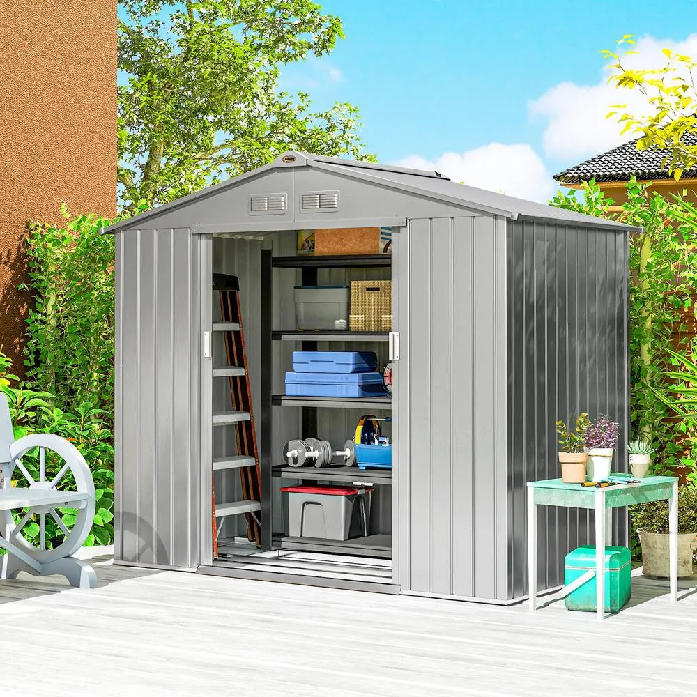 OUTSUNNY 7 x 4ft Garden Shed Storage w/ Foundation Kit, Vents, Light Grey