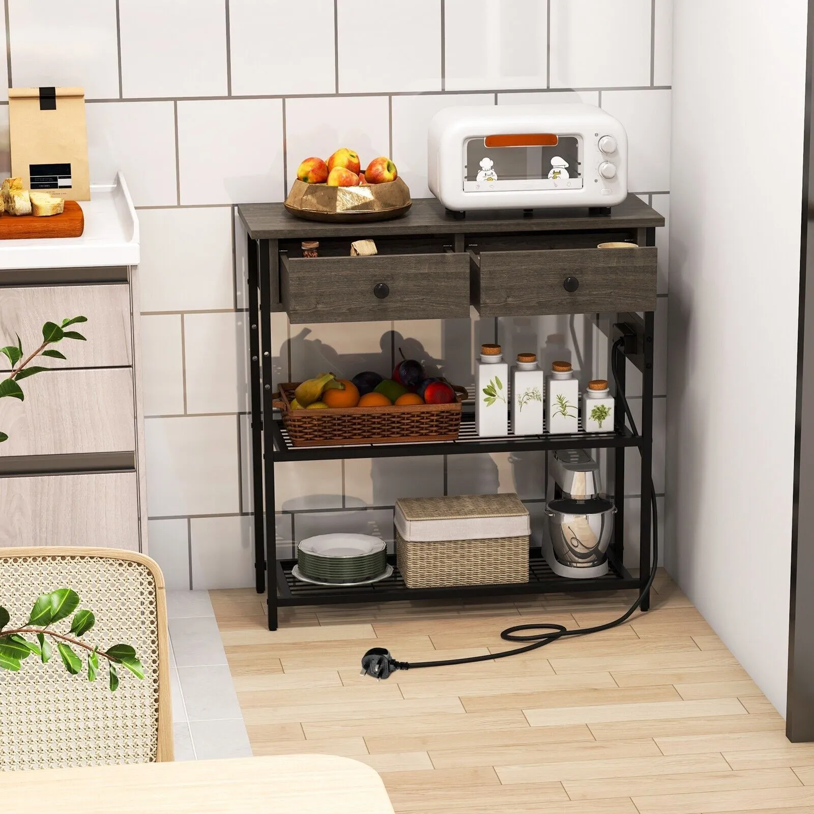 Costway Entryway Table Narrow Console Table Buffet Side Table w/ Charging Station in Grey 3