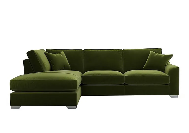 Isobel Fabric Left Hand Facing Corner Fibre Fill Sofa with Chaise End - Woodland Moss with Chrome Feet
