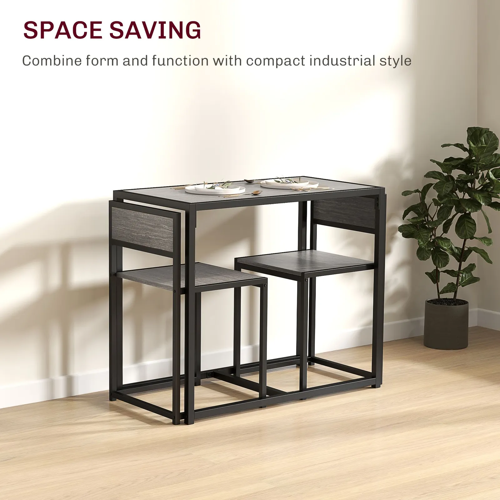 HOMCOM 3 Piece Dining Table Set with Metal Frame in Grey 4