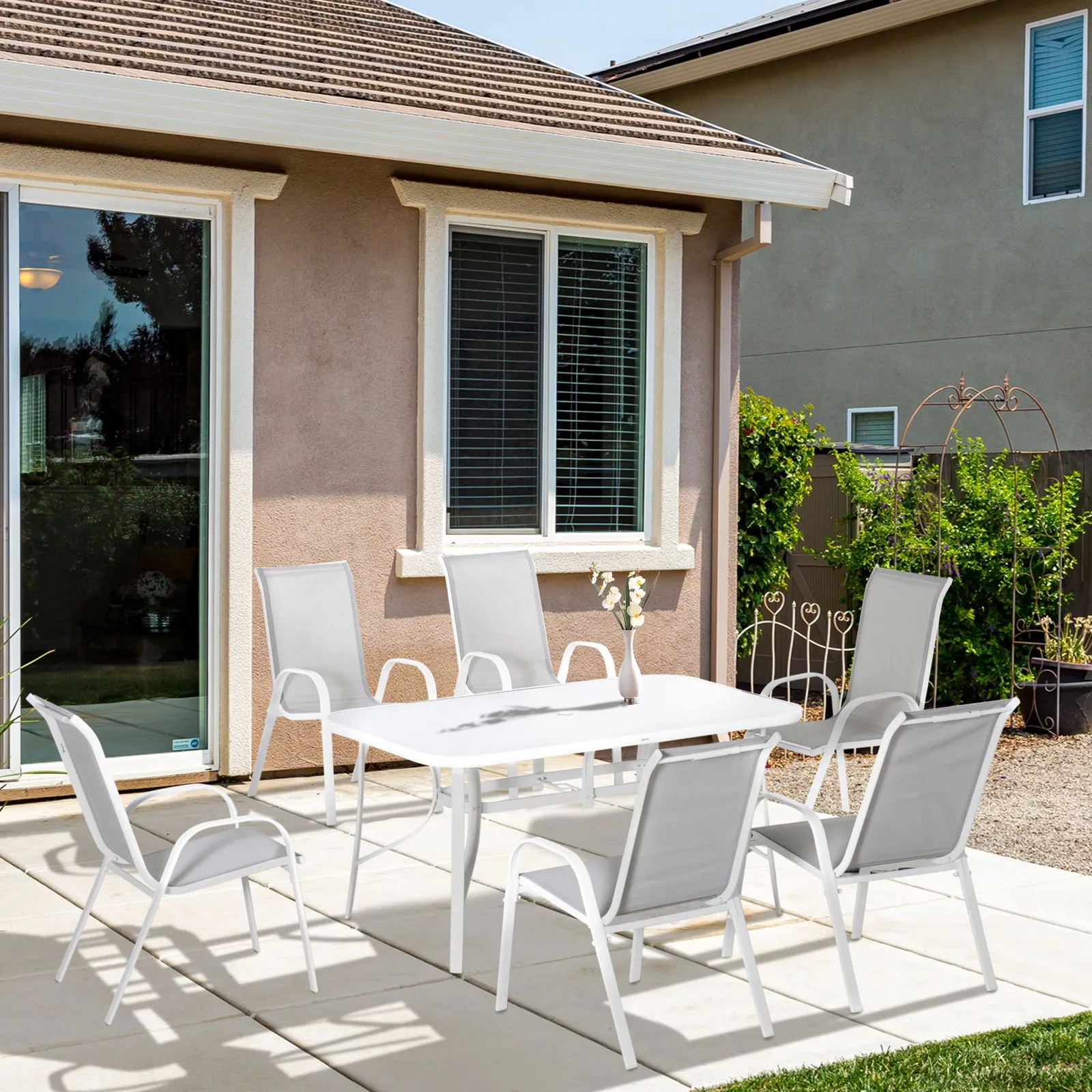 OUTSUNNY 7 Piece Garden Dining Set with Dining Table & Chairs for Backyard in Grey