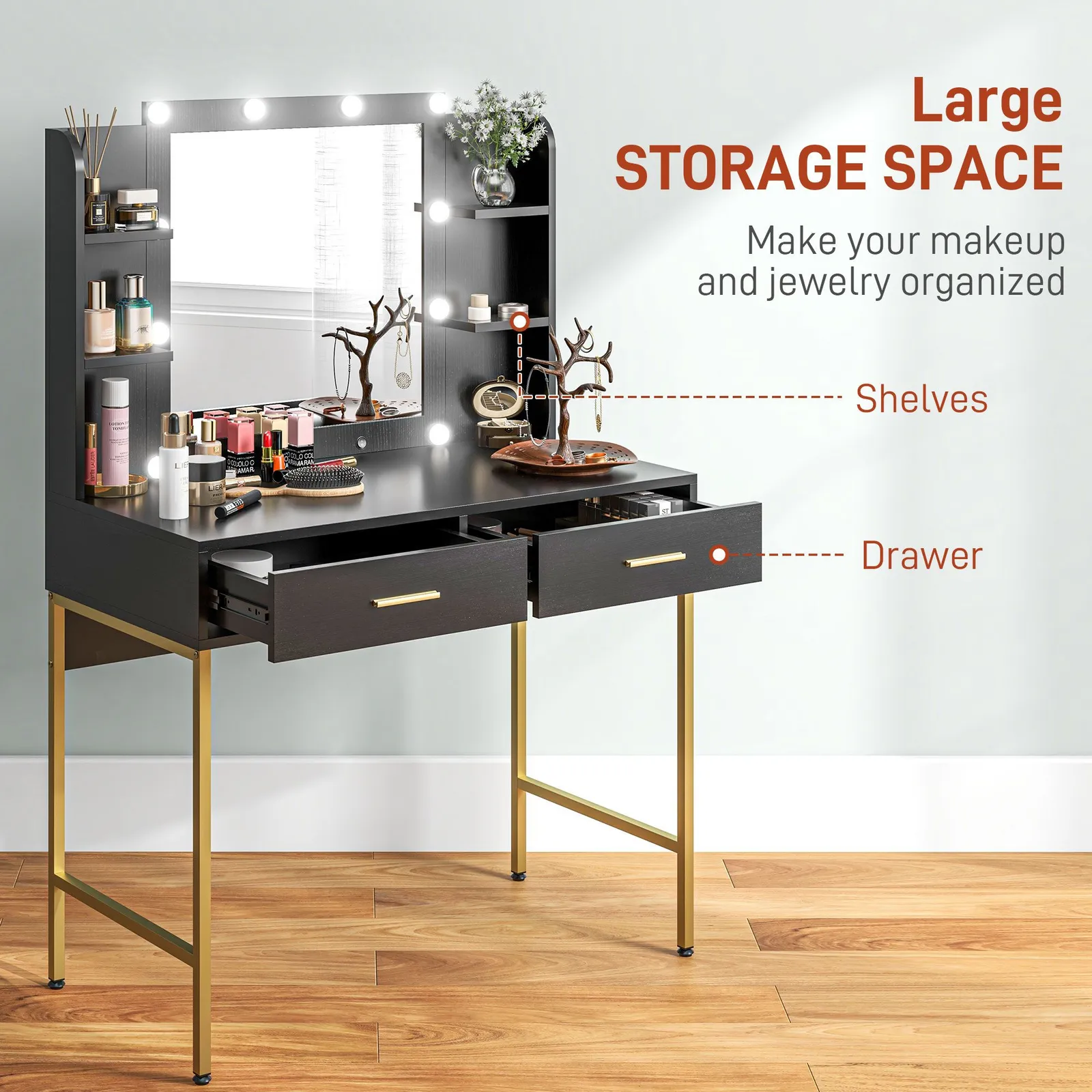 HOMCOM Makeup Vanity Desk Set with Lighted Mirror, Stool, Drawers, Black 5