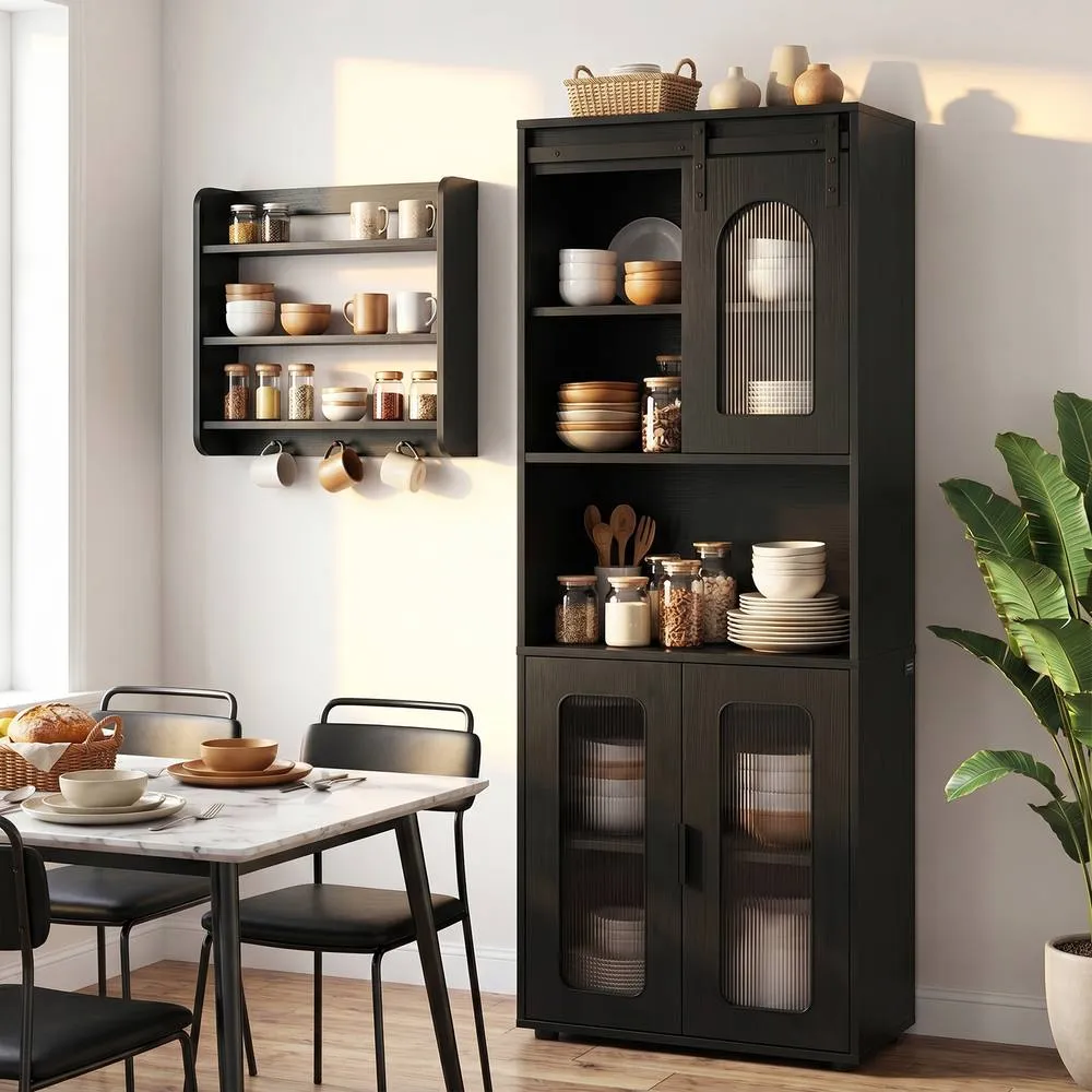 Costway Farmhouse Bathroom Floor Cabinet Sliding Barn Door Shelves in Black 3