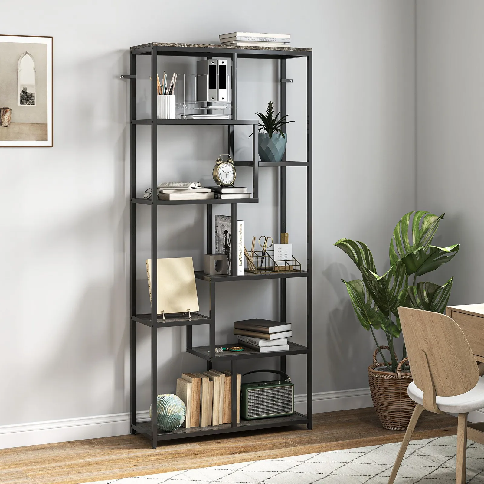 HOMCOM Industrial Bookcase 7-Tier Bookshelf Shelving Unit Grey Black