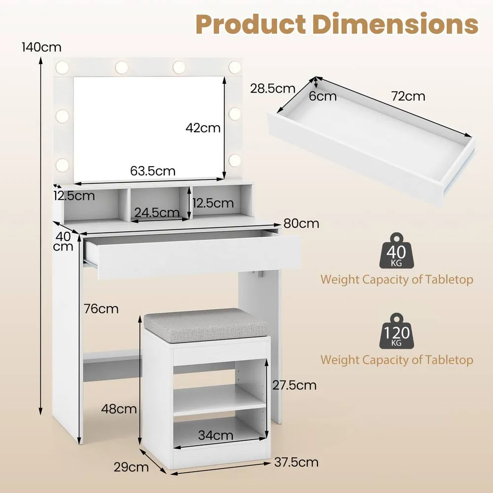 Costway Makeup Vanity Desk Set w/Mirror &Lights Dressing Table w/Stool &Drawer in White 2