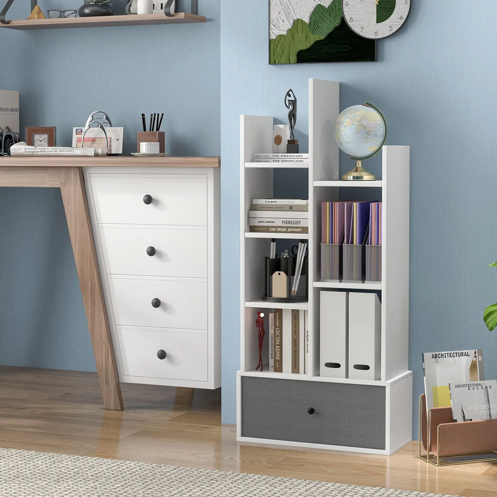 Costway 7 Tier Bookshelf Open Storage Wood Bookcase Organizer Display Shelf w/ Drawer in White 3