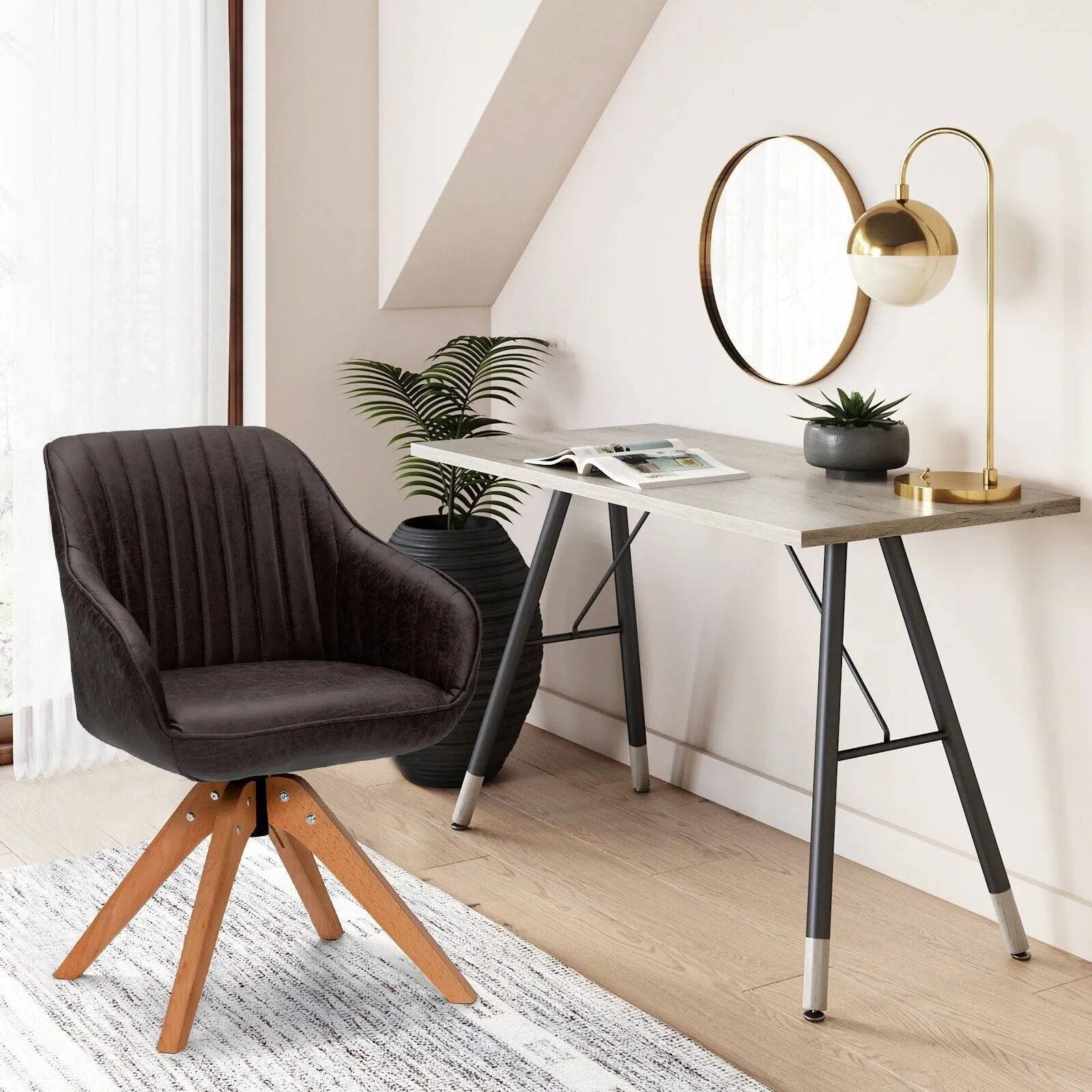 Costway Set of 2 Swivel Accent Chair Ergonomic Armchairs Writing Desk Chairs in Brown 3