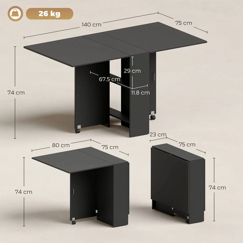 HOMCOM 80-140 cm Folding Dining Table for 4-6 Drop Leaf Table Black 3