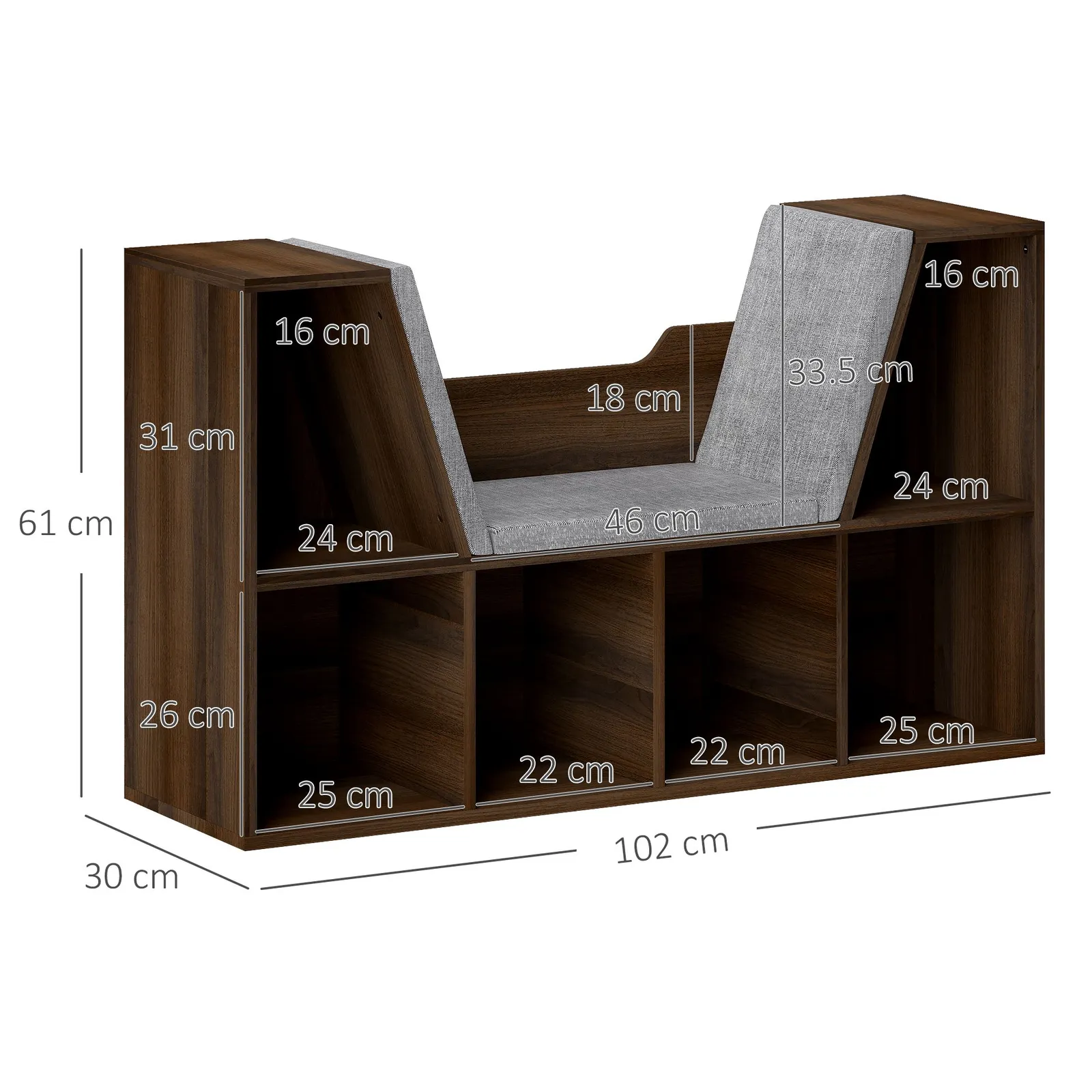 HOMCOM Bookcase Storage Shelf with Cushioned Reading Seat, Six Cubes in Walnut 3