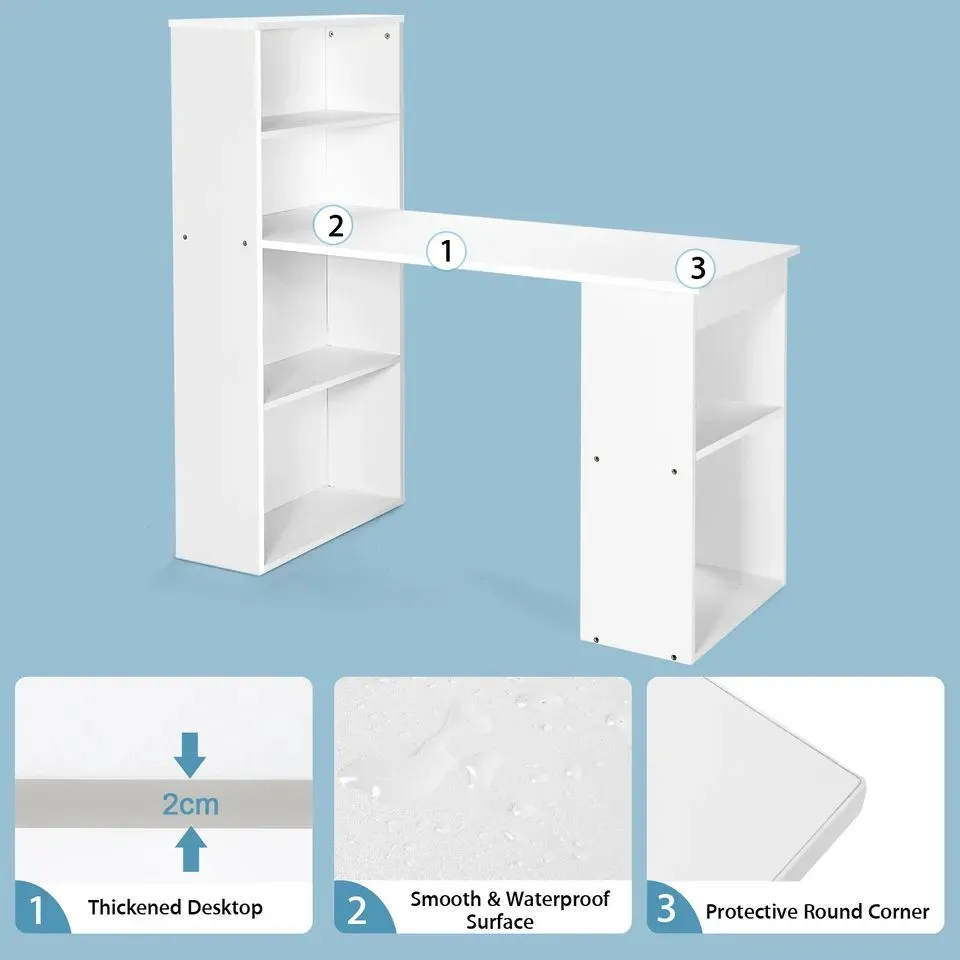 Costway Computer Writing Desk w/ Bookcase 6-tier Shelves Reversible Home Office Dorm in White 5