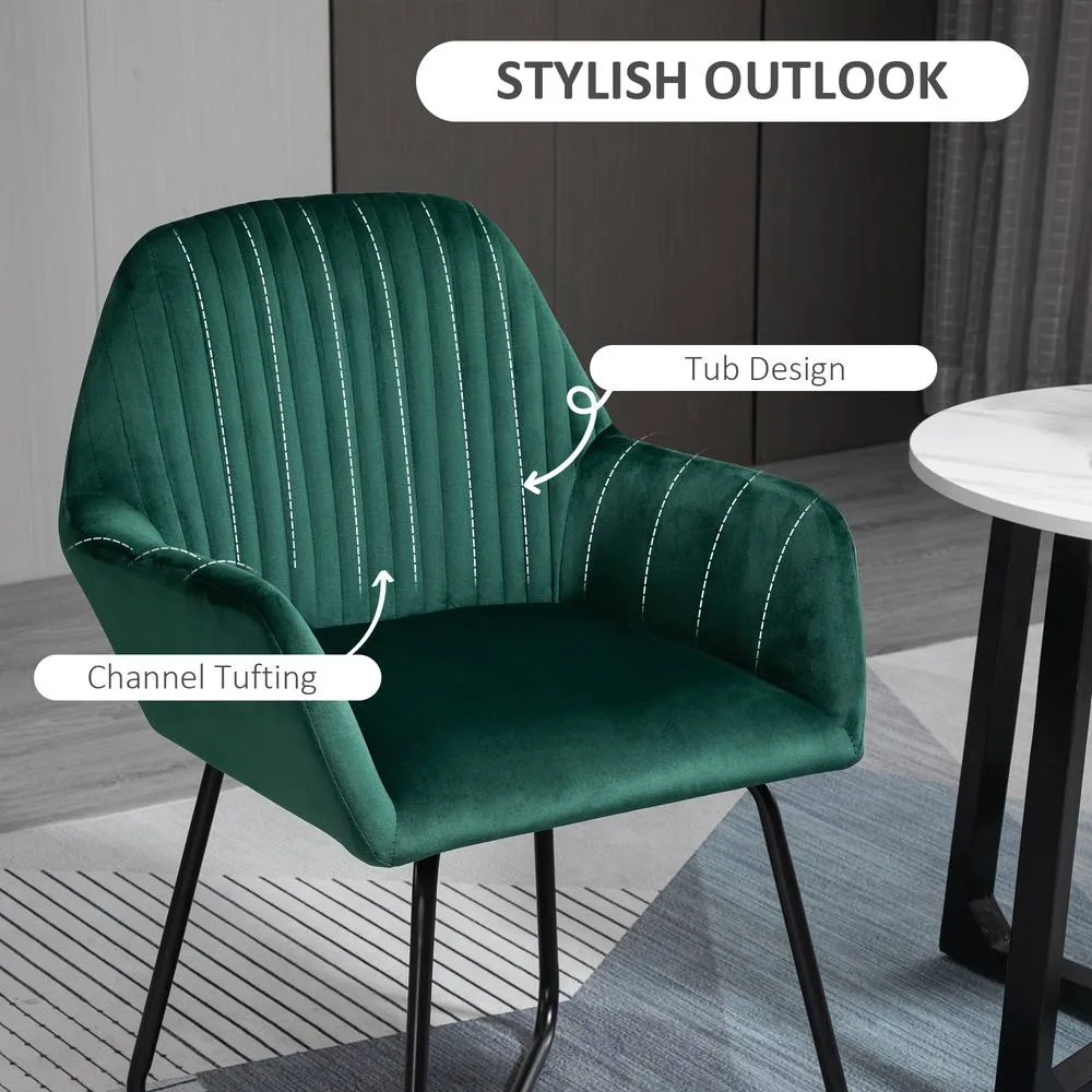 HOMCOM Round Glass Dining Table & Velvet Chair Set Kitchen Furniture 2pc Gre in Green 4