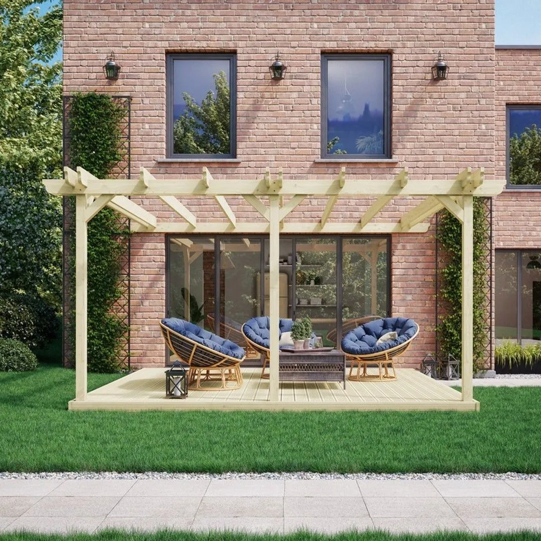 Rutland County Garden Furniture Ltd Wall Mounted Double Garden Pergola & Decking Kit, W480cm, Brown in Green 3
