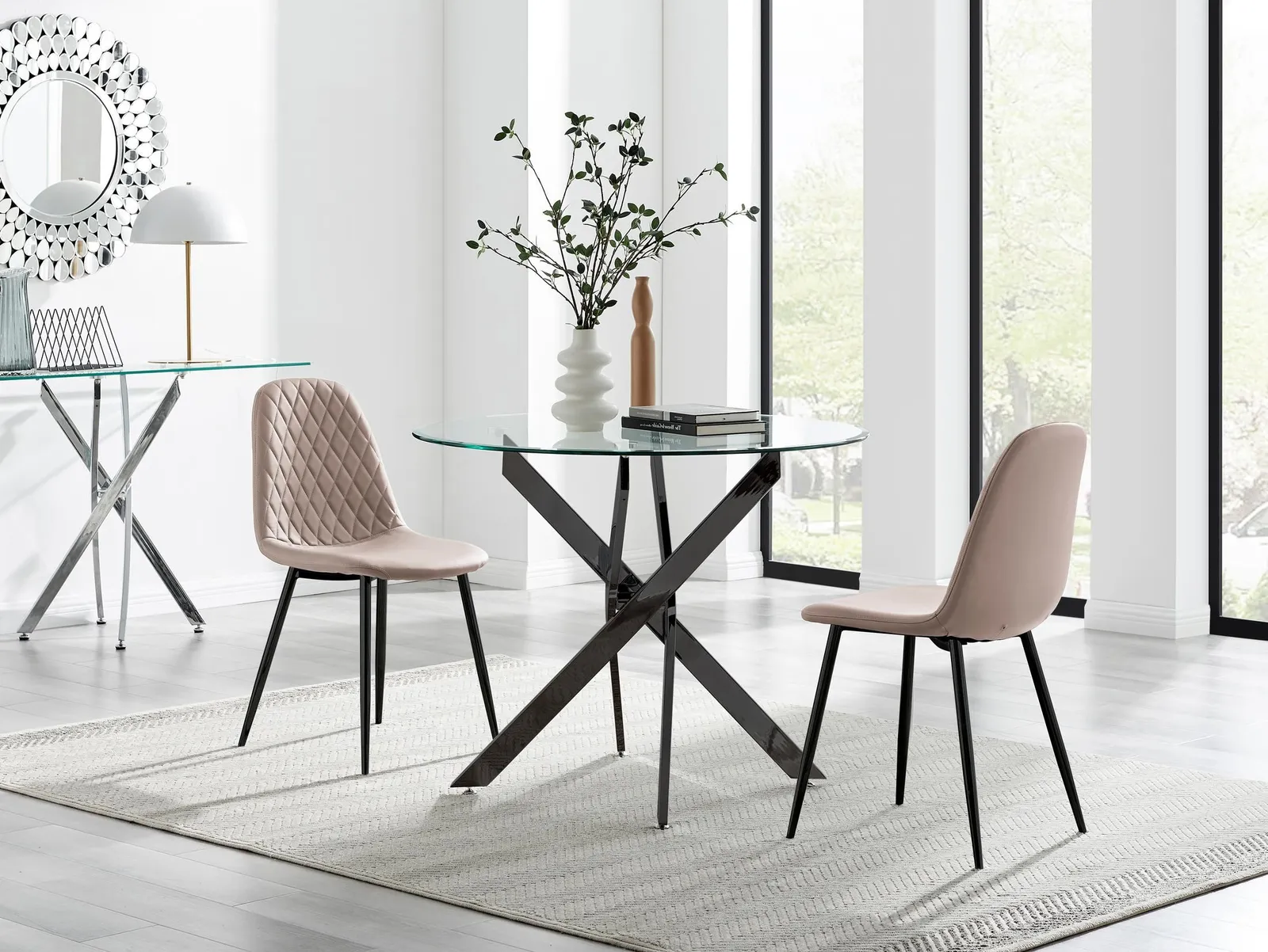 FurnitureboxUK Novara 100cm Round Black Leg Dining Table & 2 Corona Black Leg Chairs in Beige 1
