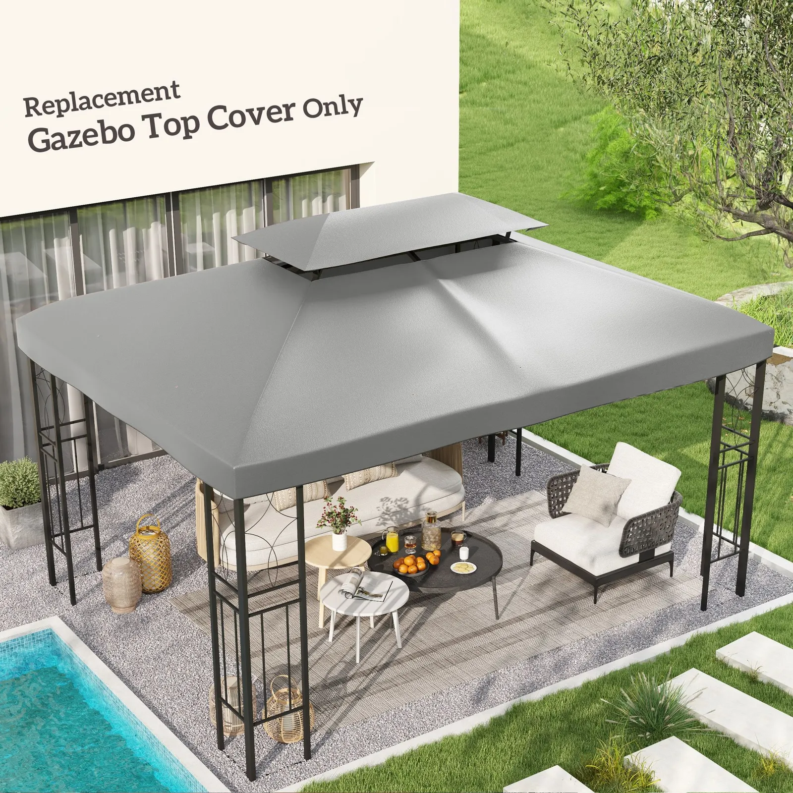 OUTSUNNY 3x4m Gazebo Replacement Roof Canopy 2 Tier Top UV Cover Patio in Light Grey