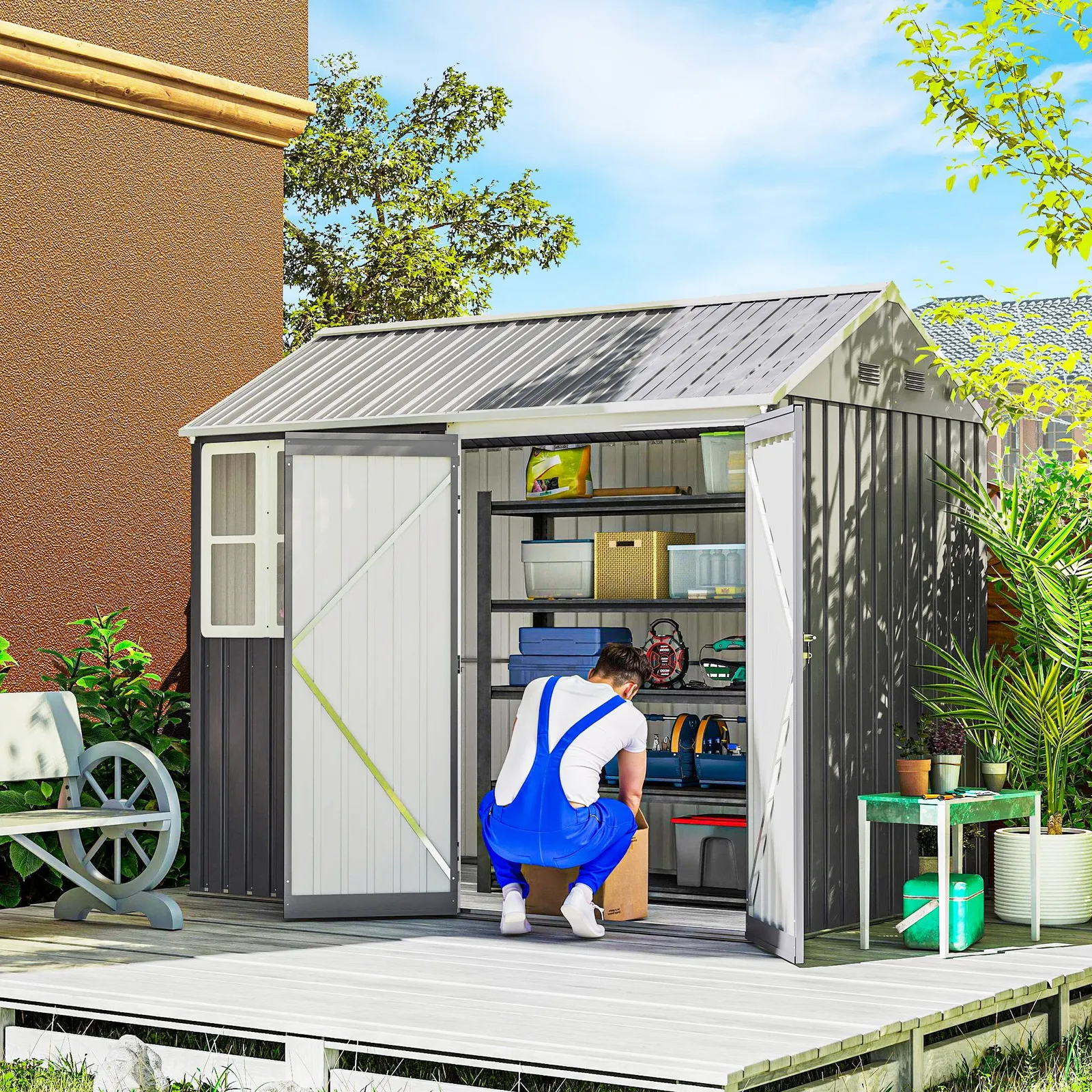 OUTSUNNY 8x6 ft Metal Garden Shed Outdoor Storage Shed with Doors Window Sloped Roof, Grey