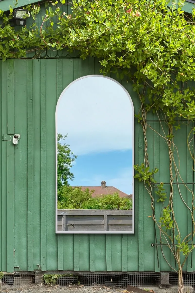 MirrorOutlet White Metal Framed Arched Garden Wall Mirror 63" X 31" (160CM X 80CM)
