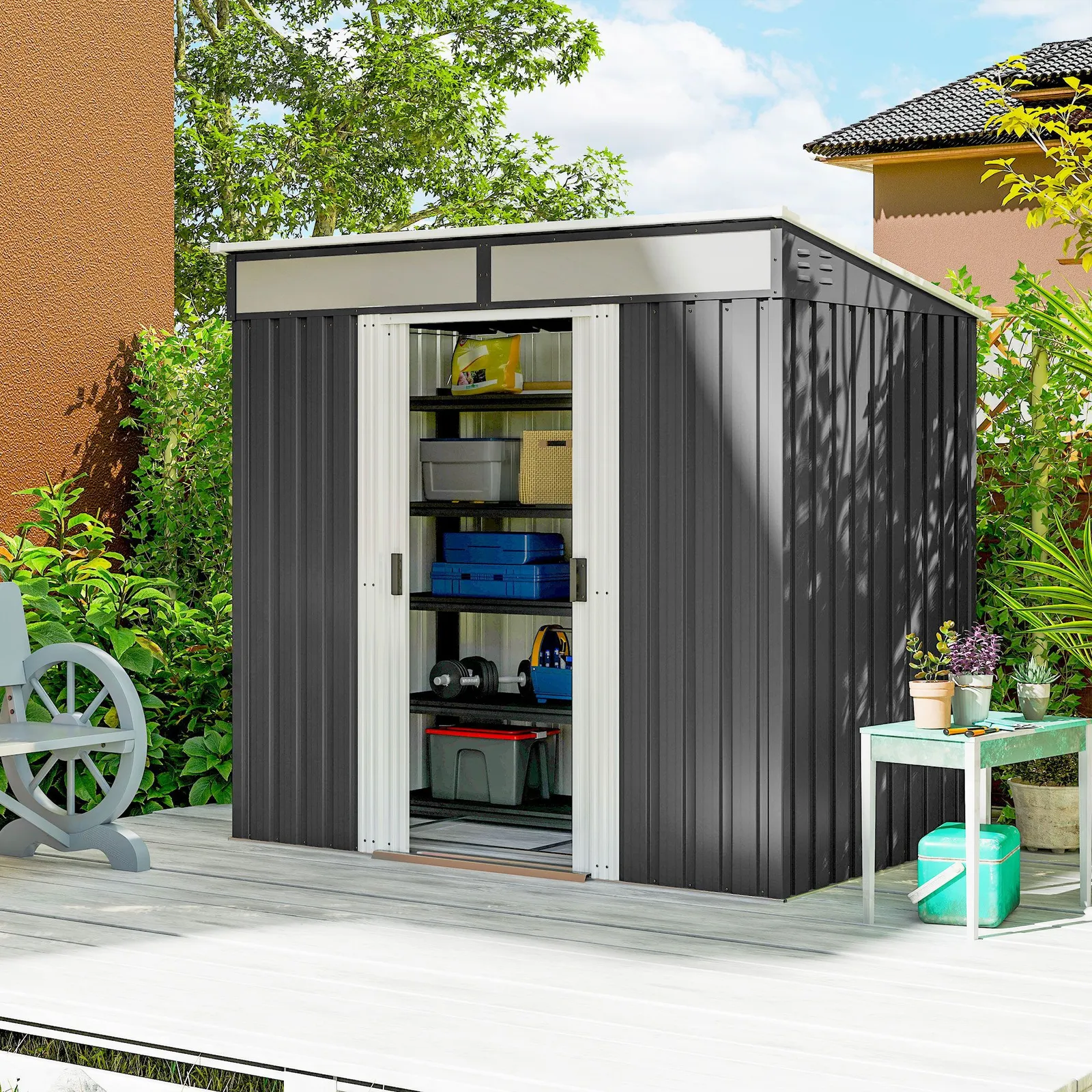 OUTSUNNY 6.5x4FT Garden Shed w/ Foundation Lockable Metal Tool Shed in Grey 1