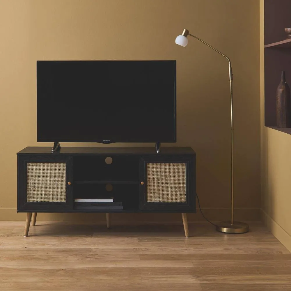 sweeek 120cm Tv Unit Wooden & Cane Effect 2 Doors in Black