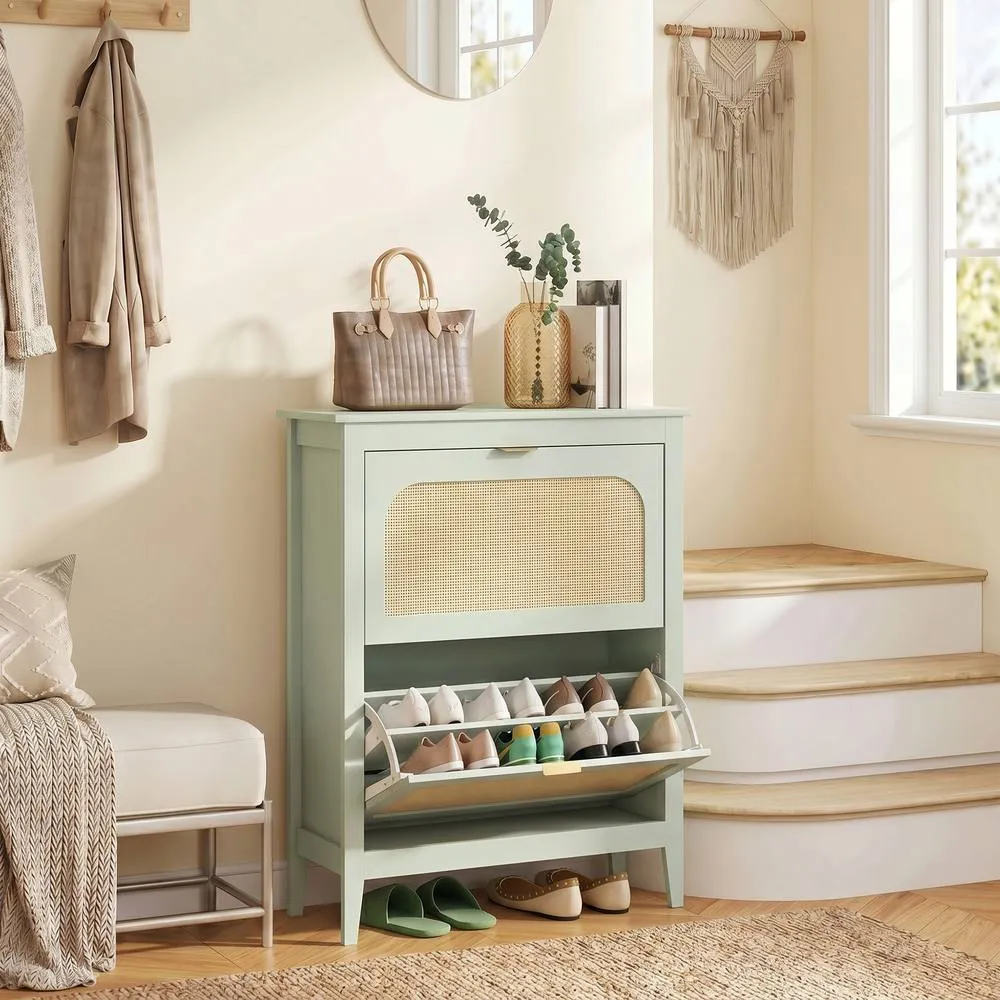 HOMCOM Boho Slim Shoe Cabinet with Rattan Doors, Holds 14 Pairs, Green in Light Green