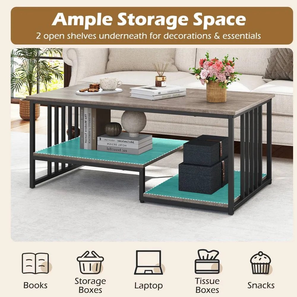 Costway Faux Marble Coffee Table Rectangular 2-Tier Center Table w/ Shelf in Grey 3
