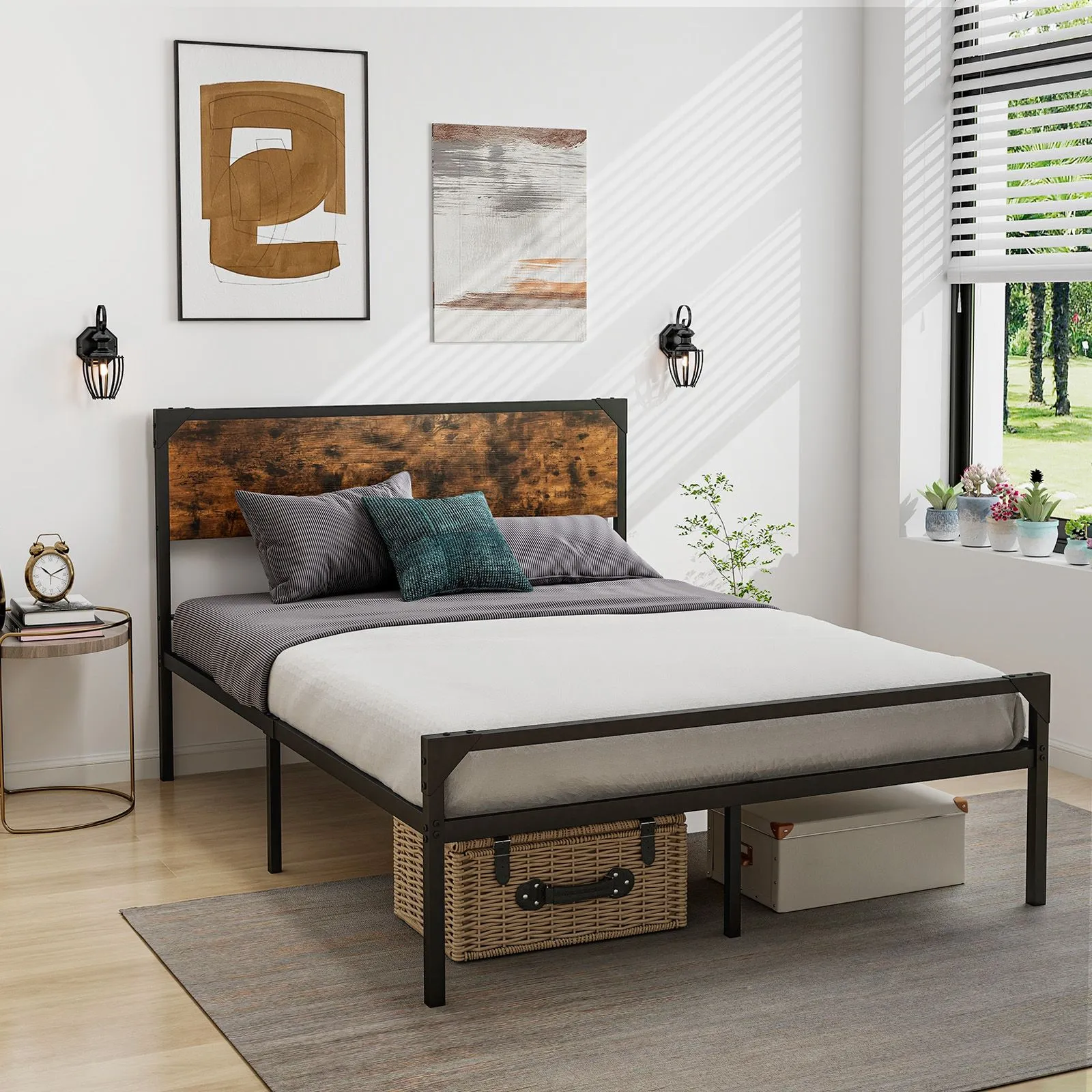 Costway Industrial Double Size Bed Frame Metal Platform Bed with 9 Support Legs in Brown 3