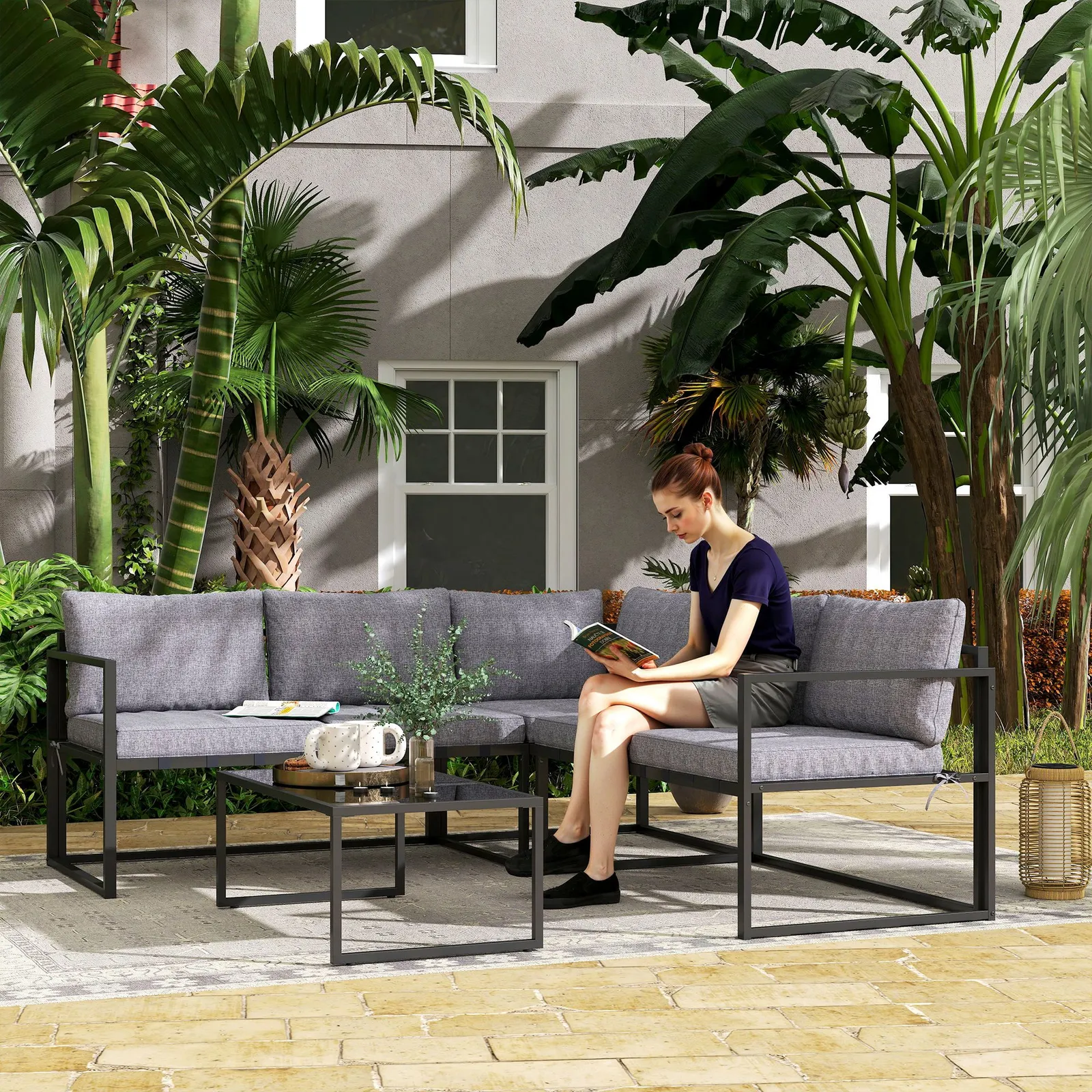 OUTSUNNY 3 Piece L Shaped Garden Furniture Set with Cushions, Grey