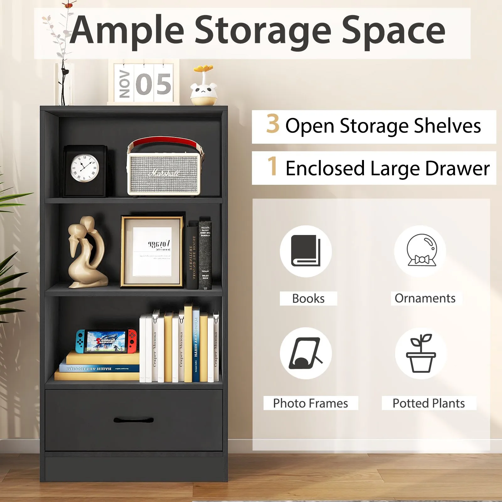 Costway 4 Tiers Storage Shelf Wood Bookcase Floor Standing Display Shelf with Drawer in Grey 6