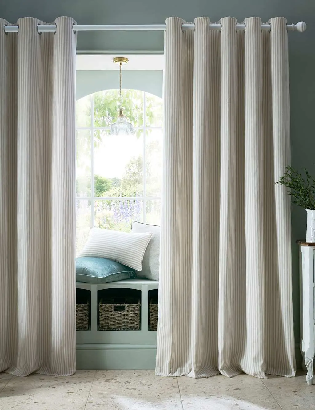 Laura Ashley Cornish Chenille Striped Eyelet Curtains Natural