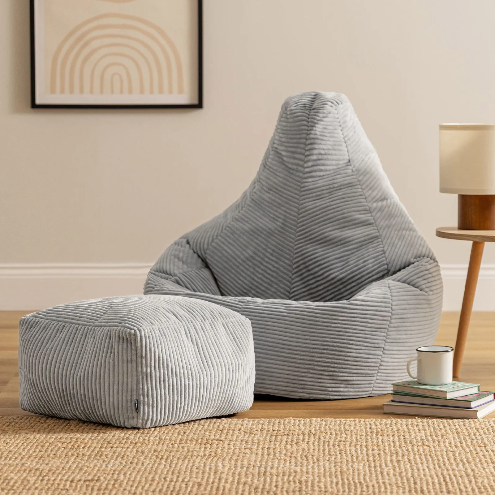 icon Gaming Bean Bag Recliner & Footstool, Corduroy in Light Grey