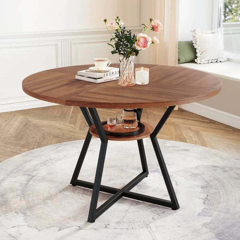 Costway Round Wooden Kitchen Table Dining Table w/ Storage Shlef in Brown 3