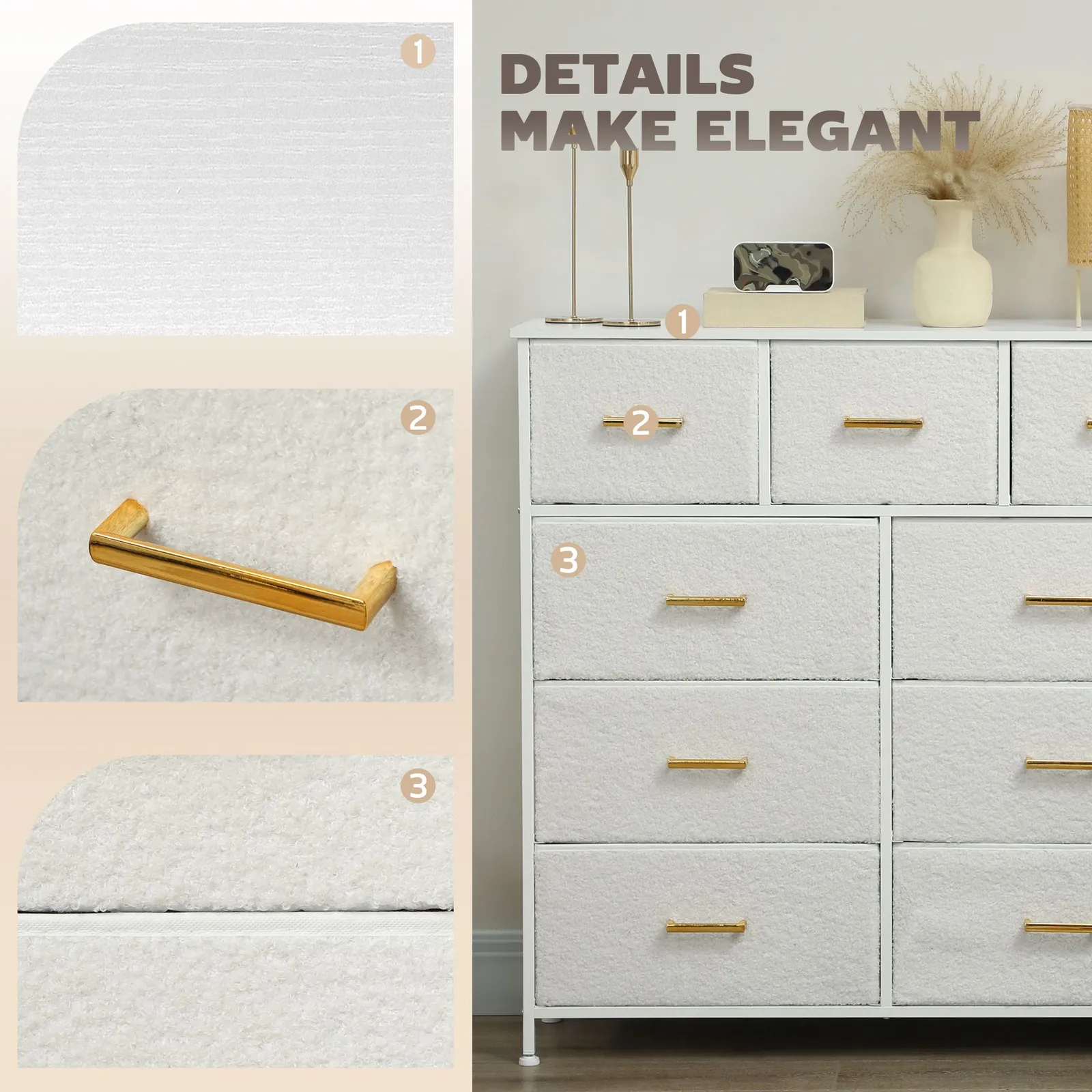 HOMCOM Chest of Drawers with 9 Drawers, Boucle Storage Organiser, Cream in White 4