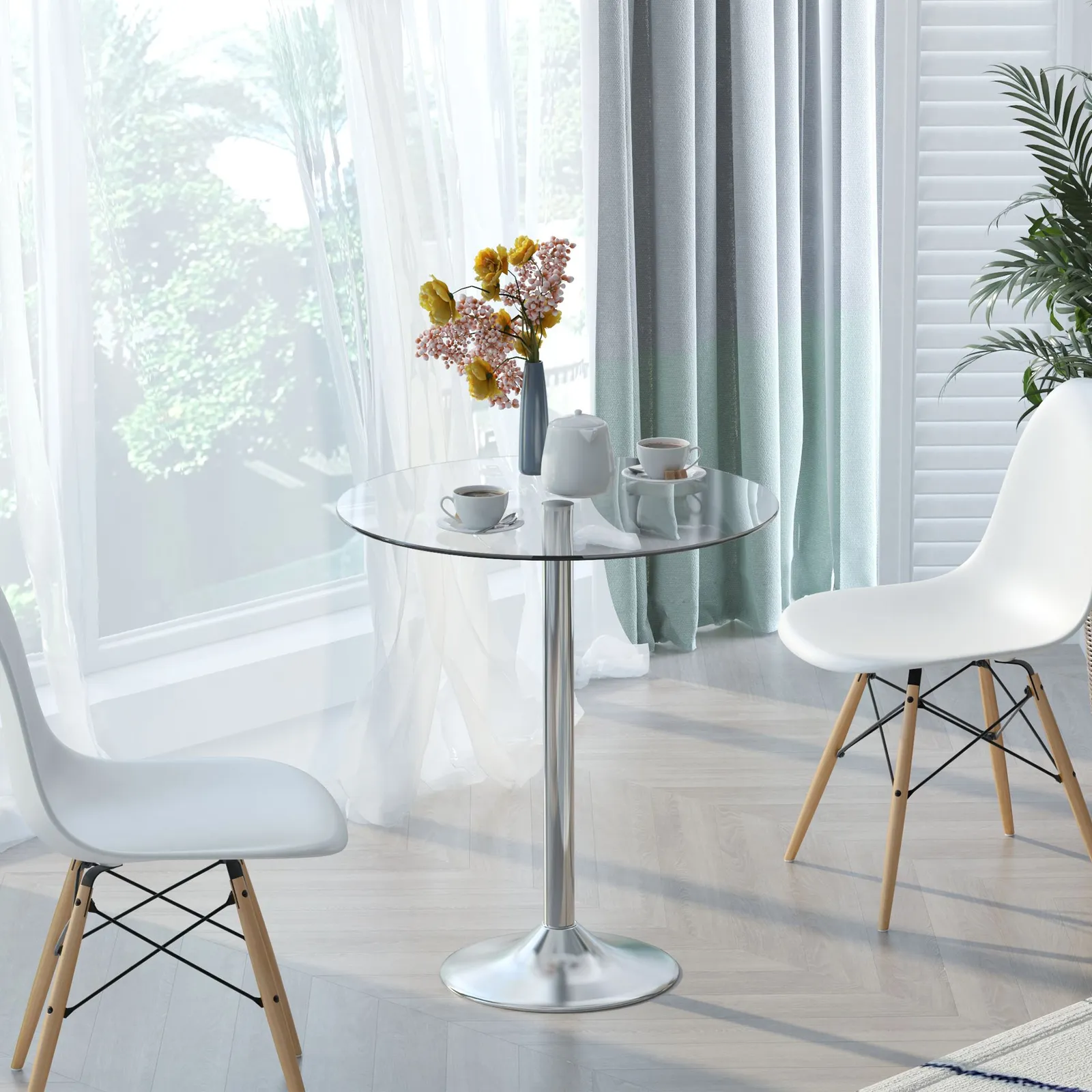 HOMCOM Metal Round Dining Table Bistro Pub Counter with Tempered Glass Top in Silver