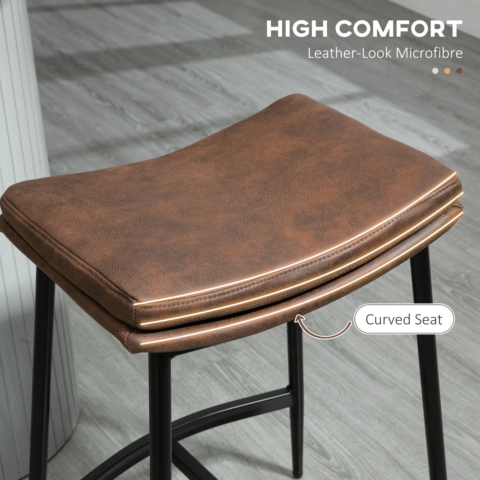 HOMCOM Breakfast Bar Stools Set of 2 Upholstered Barstools w/ Curved Seat in Brown 6