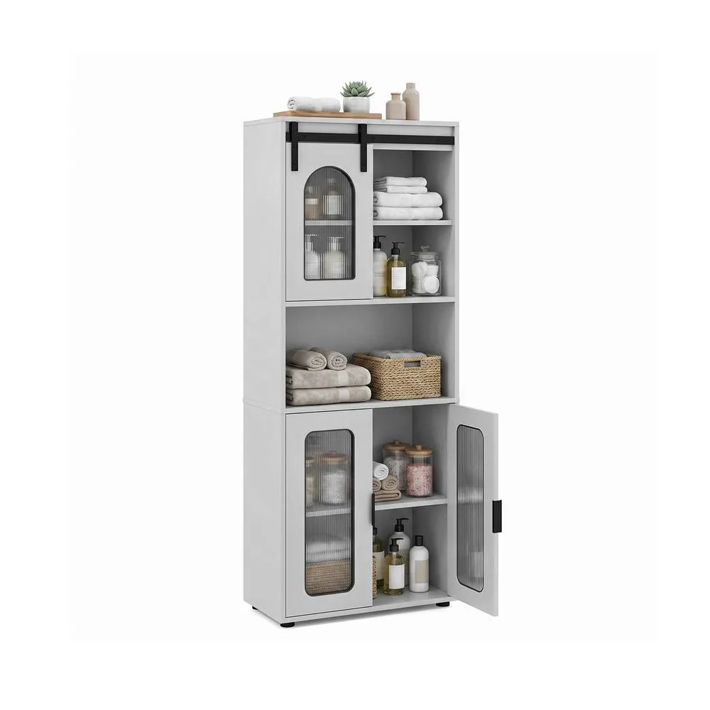 Costway Farmhouse Bathroom Floor Cabinet Sliding Barn Door Shelves in Grey