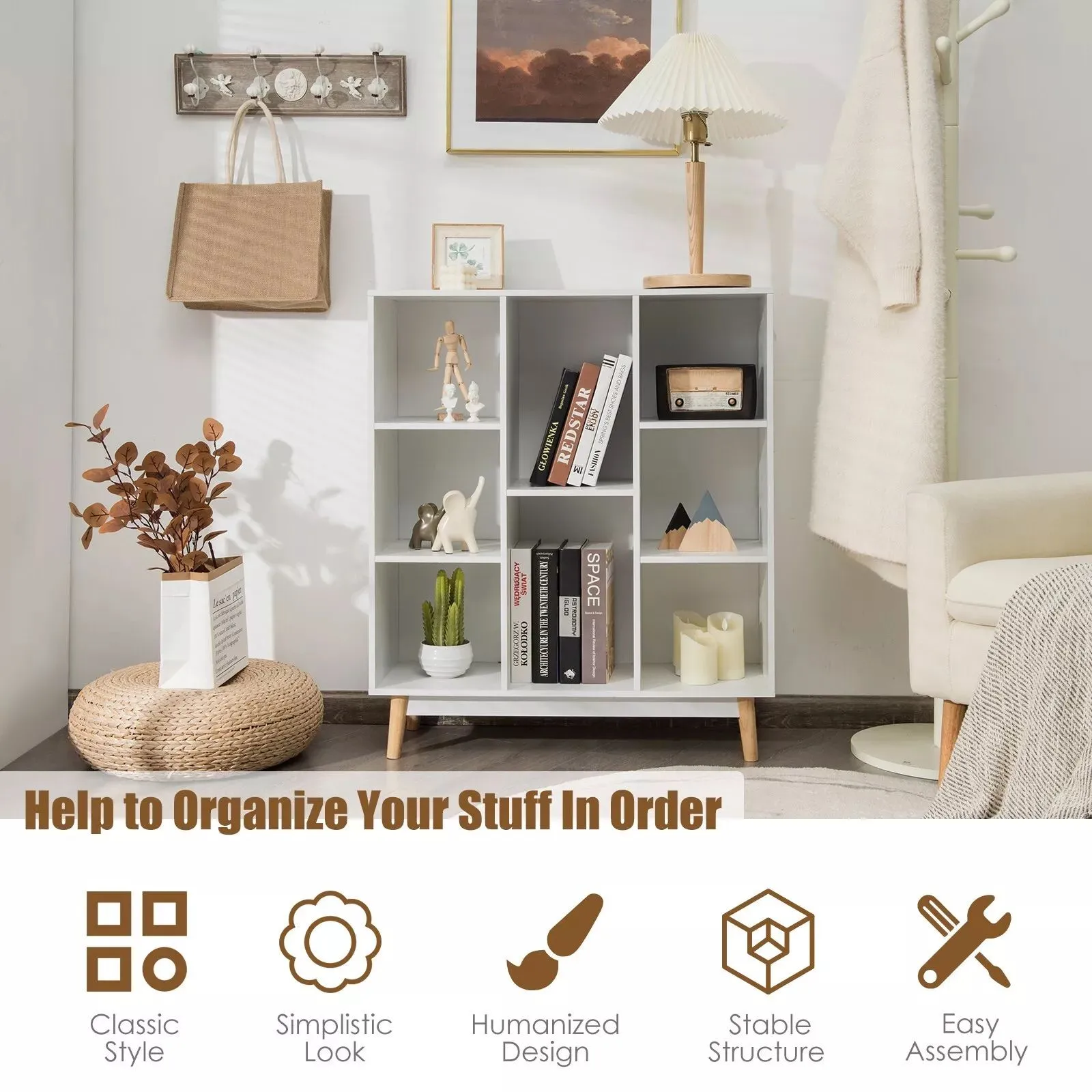 Costway 8-Cube Storage Bookcase Wooden Bookshelf Side Cabinet Freestanding Display Rack in White 6