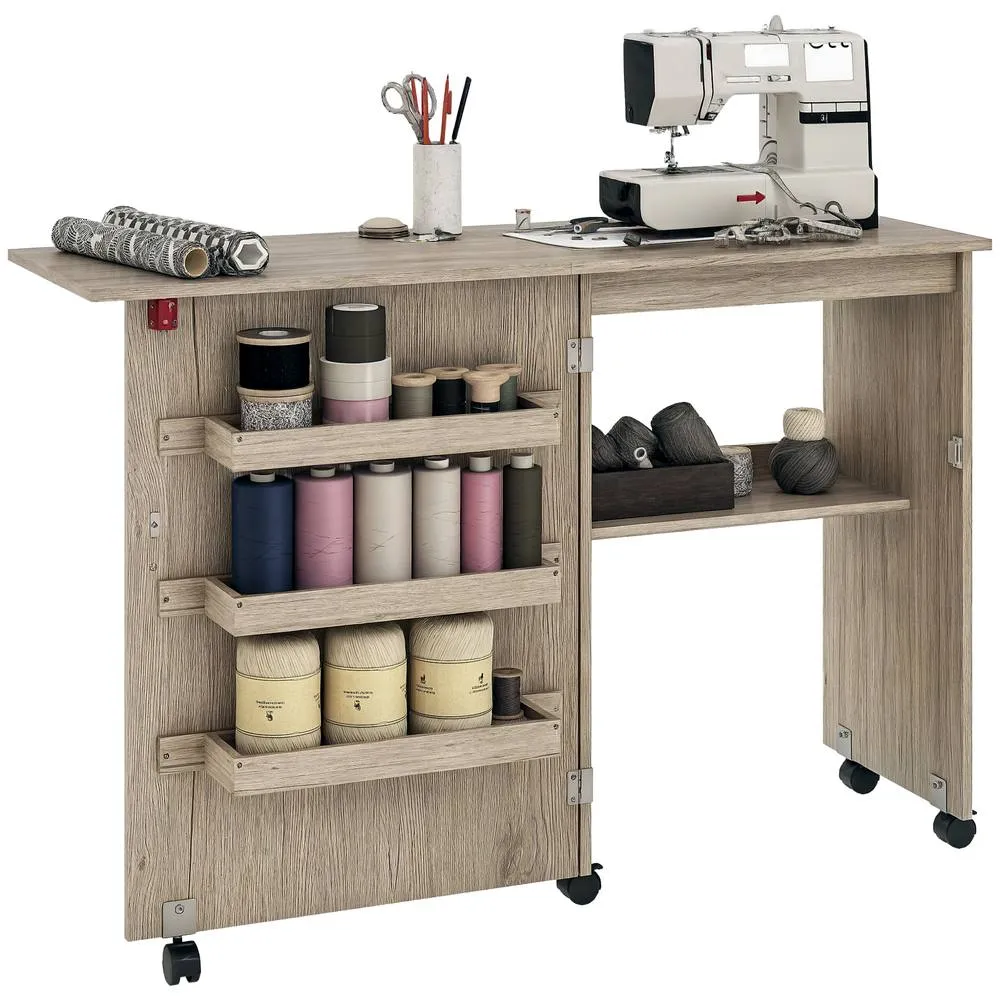 HOMCOM Folding Sewing Table Rolling Craft Table with Drop Leaf Wheels Grey 2