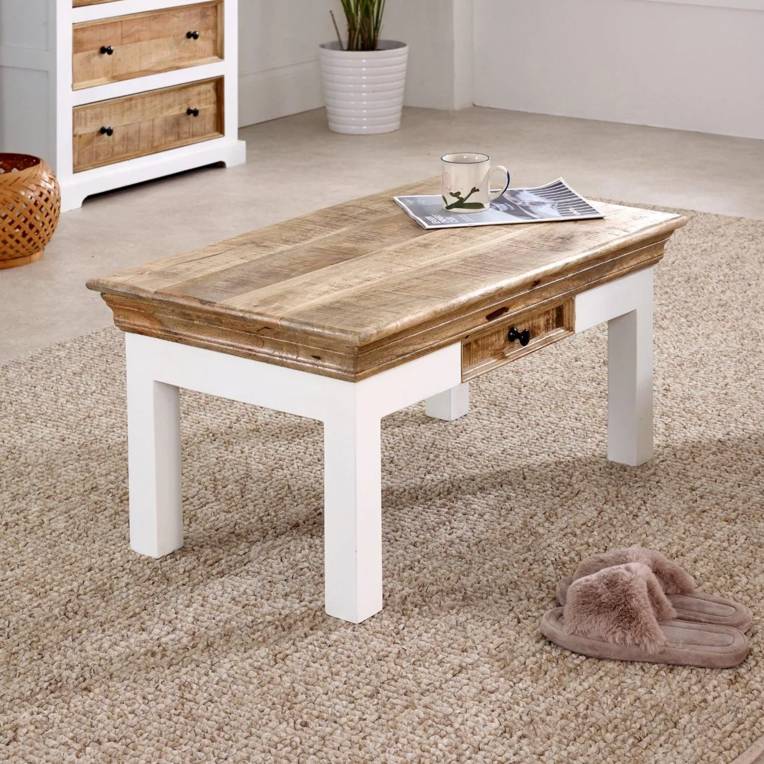 IH Design Curley Solid Mango Wood White Coffee Table With Drawer