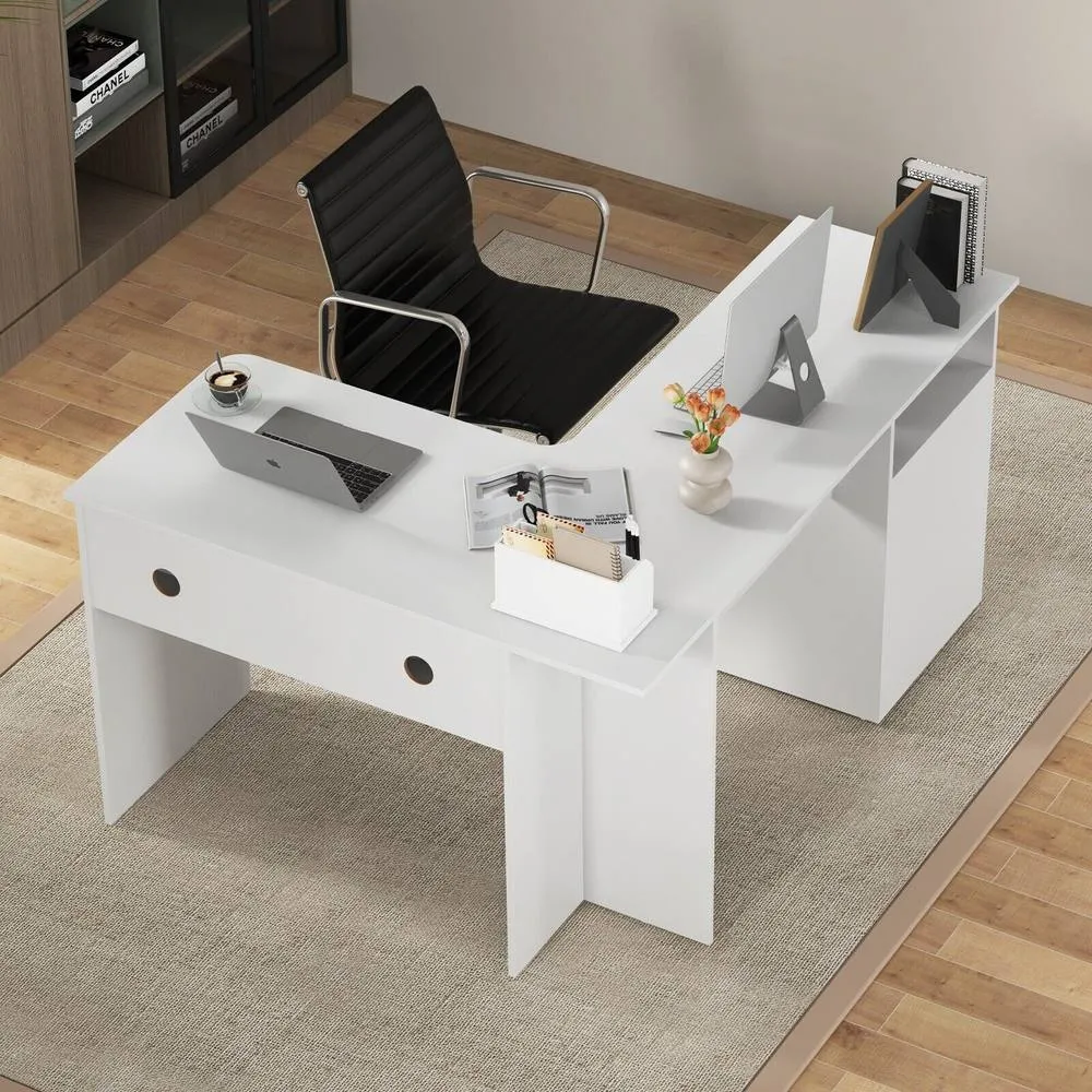 Costway L-Shaped Computer Desk 150cm Modern Writing Study Table w/ Drawers in White 5