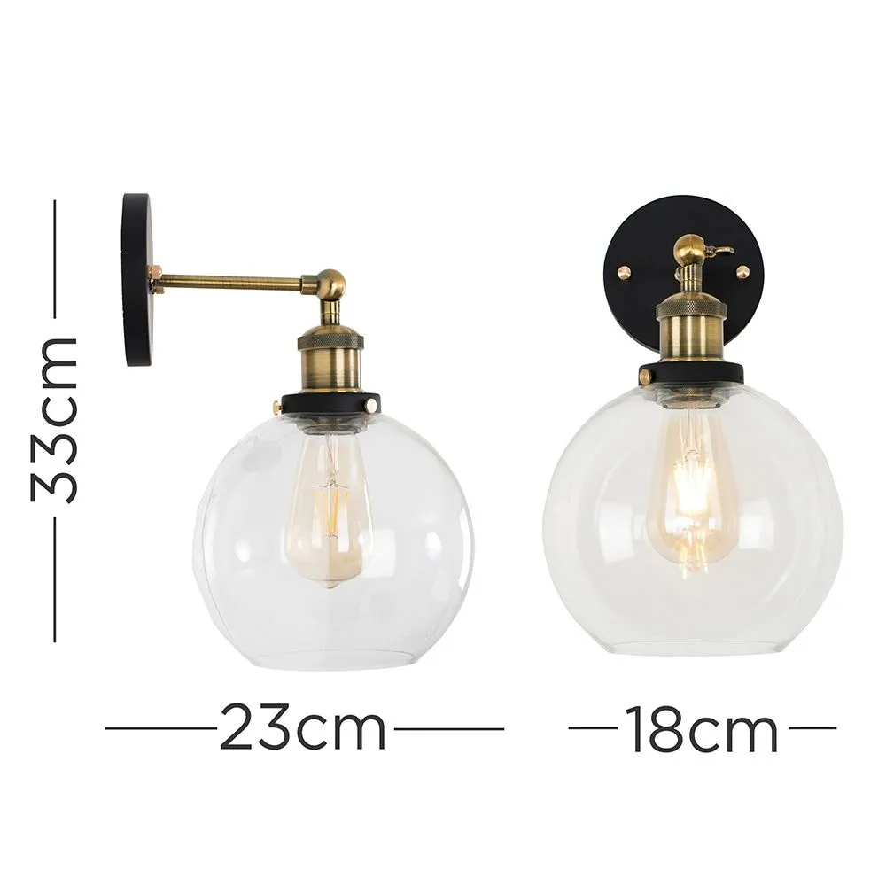 ValueLights Sheridan Pair of Industrial Clear Glass Bowl Gold Trim Black Wall Lights & LED Bulbs 5