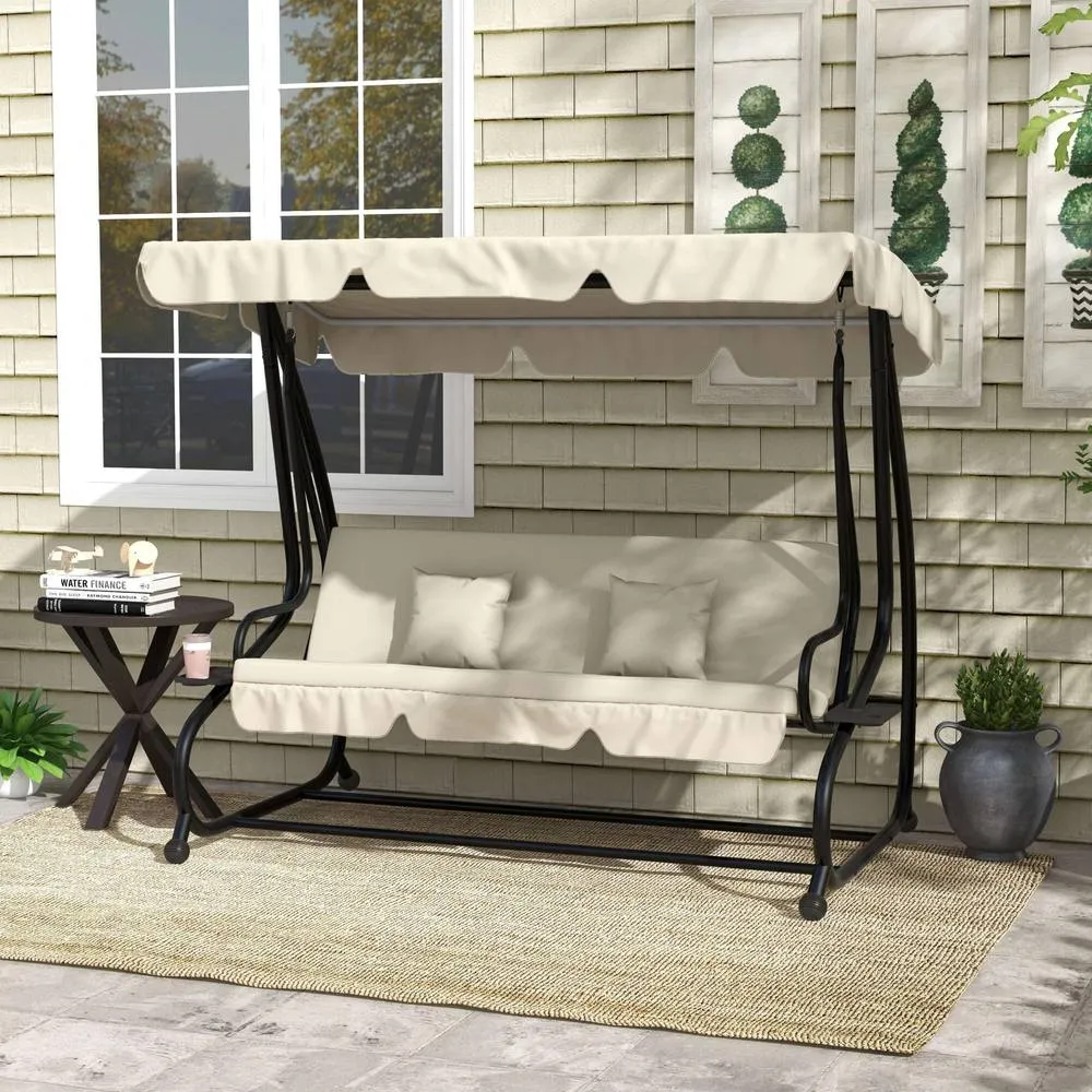 OUTSUNNY 2-in-1 Garden Swing Chair for 3 Person w/ 2 Pillows, Cream in White