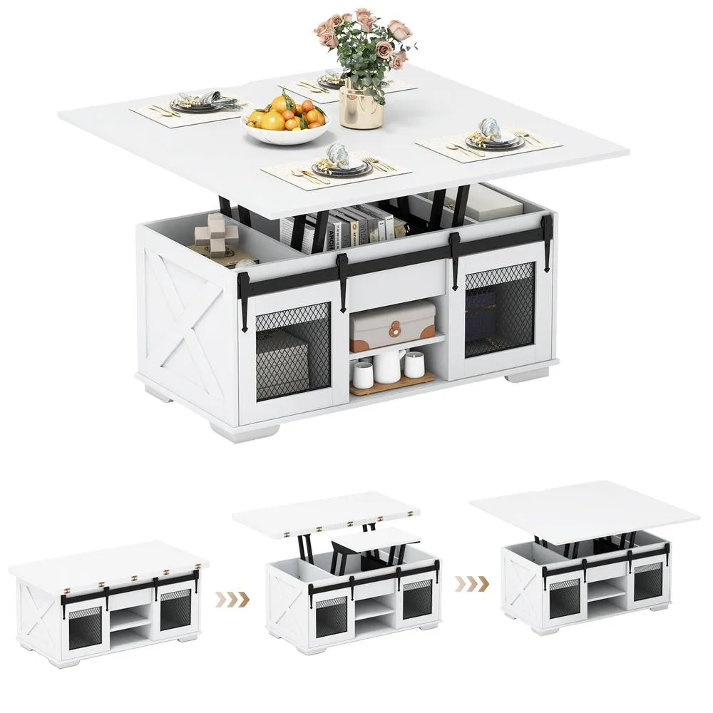 Costway Lift Top Coffee Table 3-in-1 Farmhouse Center Table w/ 2 Sliding Doors in White