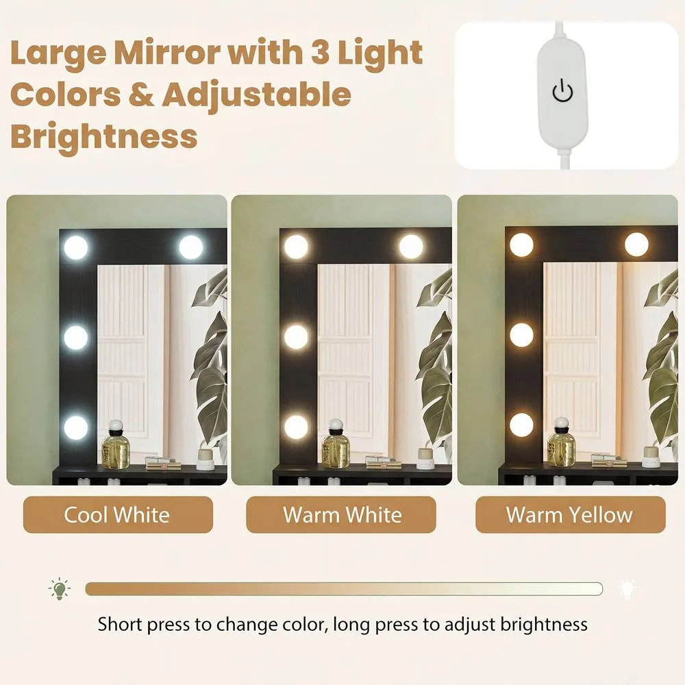 Costway Makeup Vanity Desk Set w/Mirror &Lights Dressing Table w/Stool &Drawer in Black 2