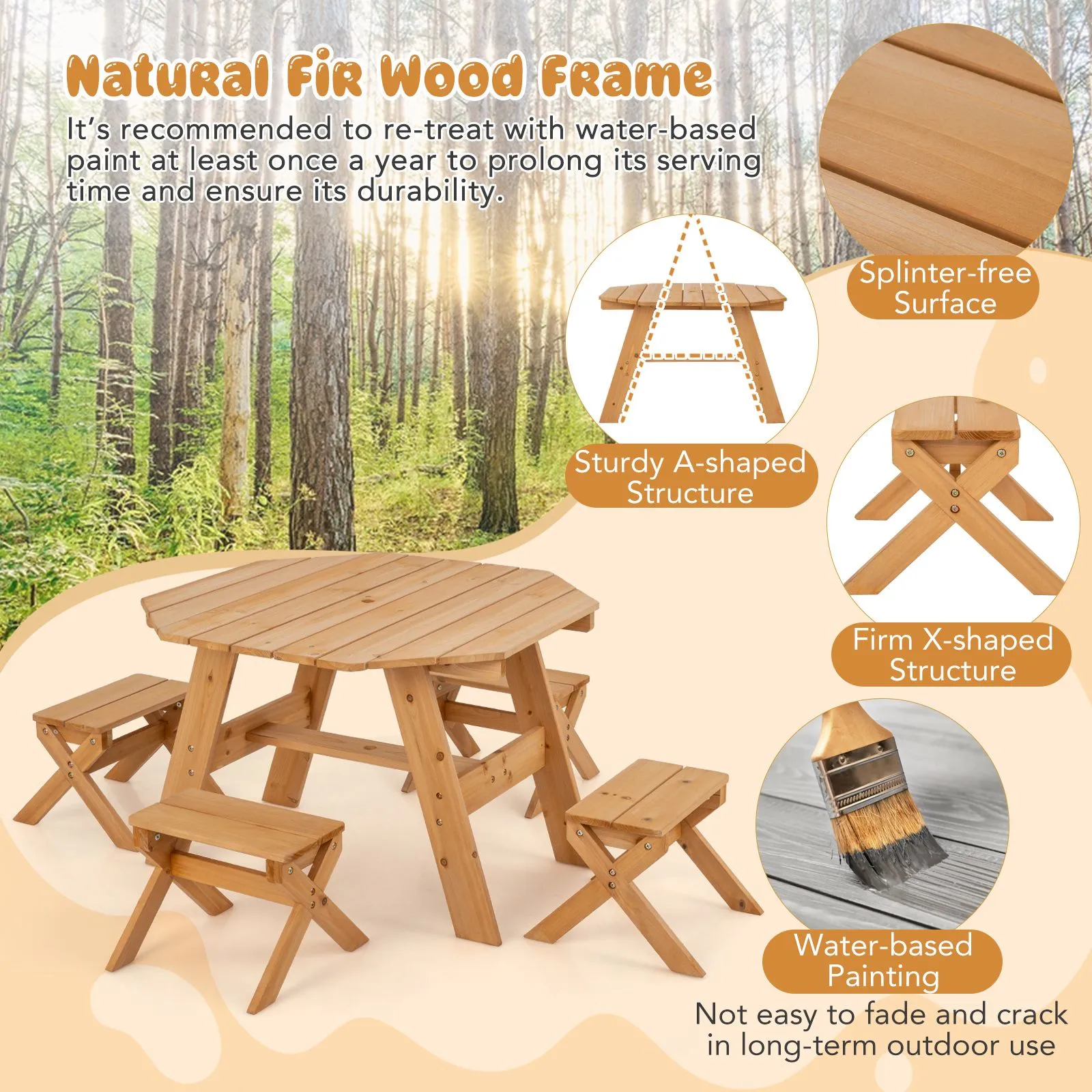 Costway Wooden Octagon Table Set Picnic Table & 4 Chairs with Umbrella in Natural 5