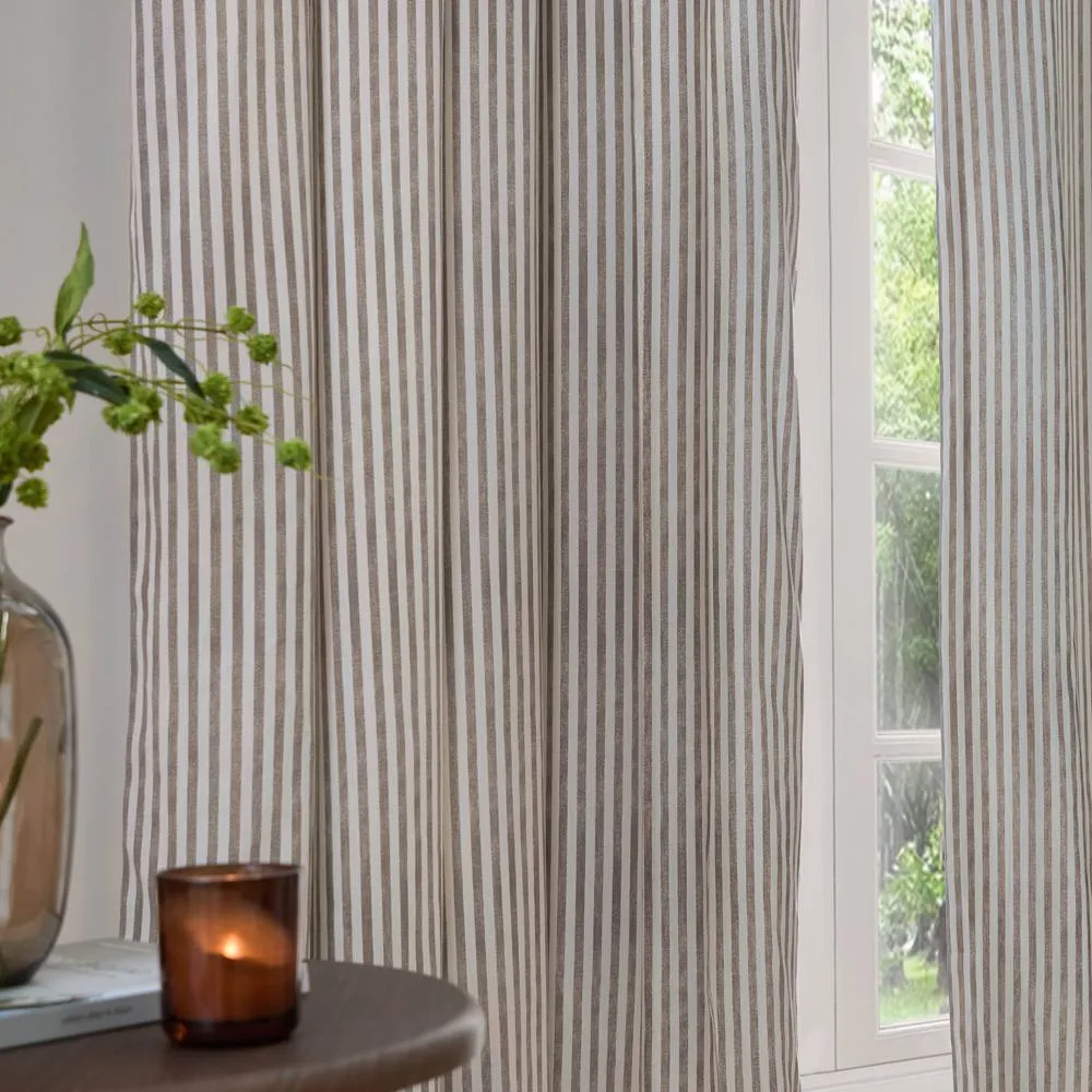 Yard Hebden Striped 100% Cotton Lined Eyelet Curtain Pair in Brown 3