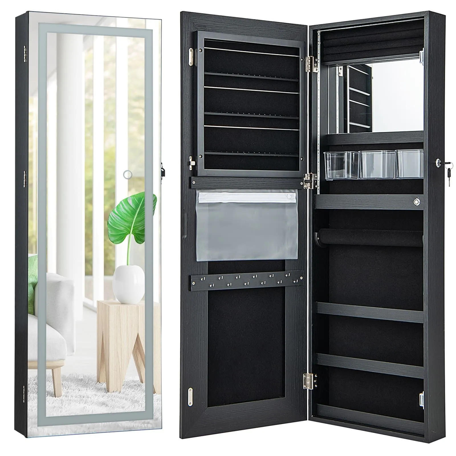 Costway 108cm Jewelry Mirror Cabinet Lockable Jewelry 3-Color LED Lights-Black in Black